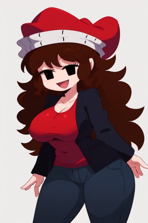 HypnoLullabyGF,  1girl,  hat,  solo,  brown hair,  jacket,  red headwear,  pants,  smile,  red shirt,  black eyes,  open mouth,  black jacket,  large breasts,  very long hair, <lora:EMS-34444-EMS:1.000000>