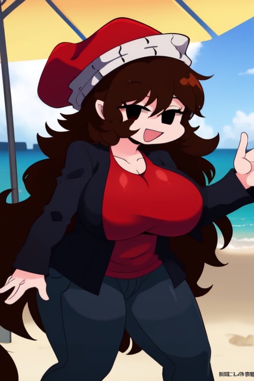 HypnoLullabyGF,  hat,  solo,  brown hair,  jacket,  red headwear,  pants,  smile,  red shirt,  black eyes,  open mouth,  black jacket,  huge_tits,  very long hair,  hentai,  beach, <lora:EMS-34444-EMS:1.000000>