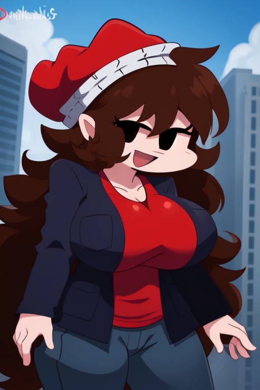 HypnoLullabyGF,  hat,  solo,  brown hair,  jacket,  red headwear,  pants,  smile,  red shirt,  black eyes,  open mouth,  black jacket,  huge_tits,  very long hair,  city, <lora:EMS-34444-EMS:1.000000>