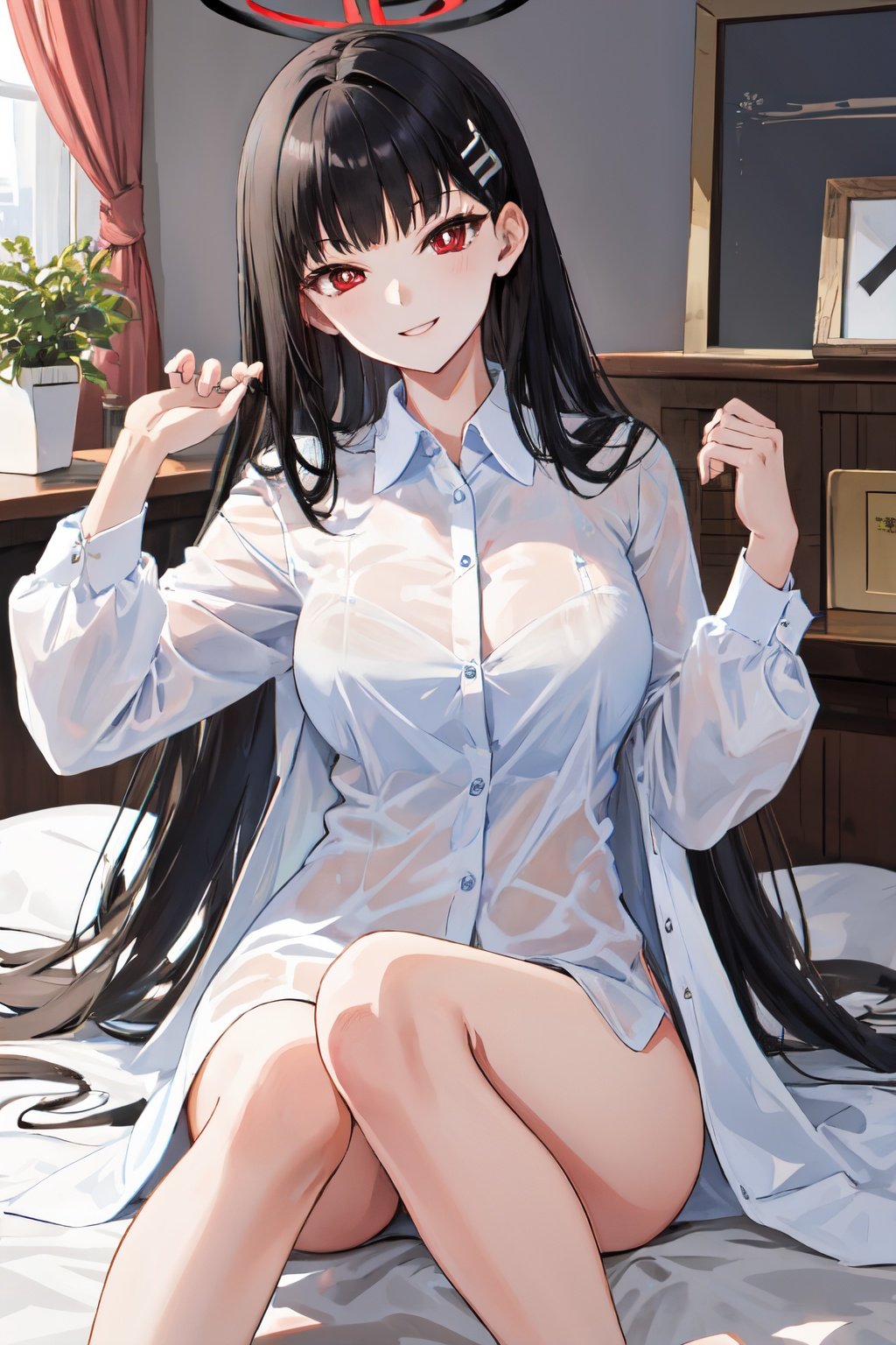 <lora:rio_blue_archive_v2:1>rio blue archive, 1girl, blunt bangs, long hair, halo, hair ornament ,naked shirt, white shirt, collared shirt,   sleeves past wrists, on bed, red eyes, black hair, long hair,hairpin,large breasts, smile, happy