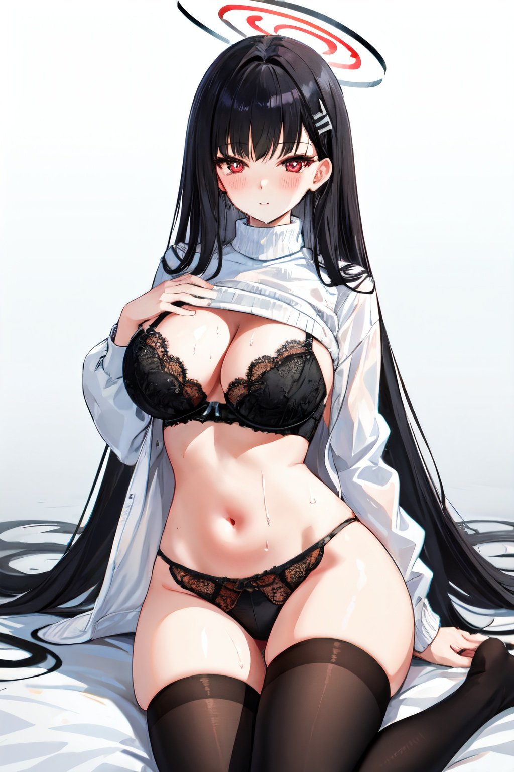<lora:rio_blue_archive_v2:1>rio blue archive, blush, long sleeves, lace-trimmed panties, looking at viewer, large breasts, red eyes, halo, long hair, thighhighs, black panties, lace-trimmed bra, navel, white sweater, parted lips,turtleneck sweater, sweater lift, clothes lift, 1girl, sitting, hair ornament, black thighhighs, sweat, very long hair, thighs, gradient background, black hair, hand on own chest, black bra, underwear, cleavage, hairclip, stomach, solo, panties ,halo