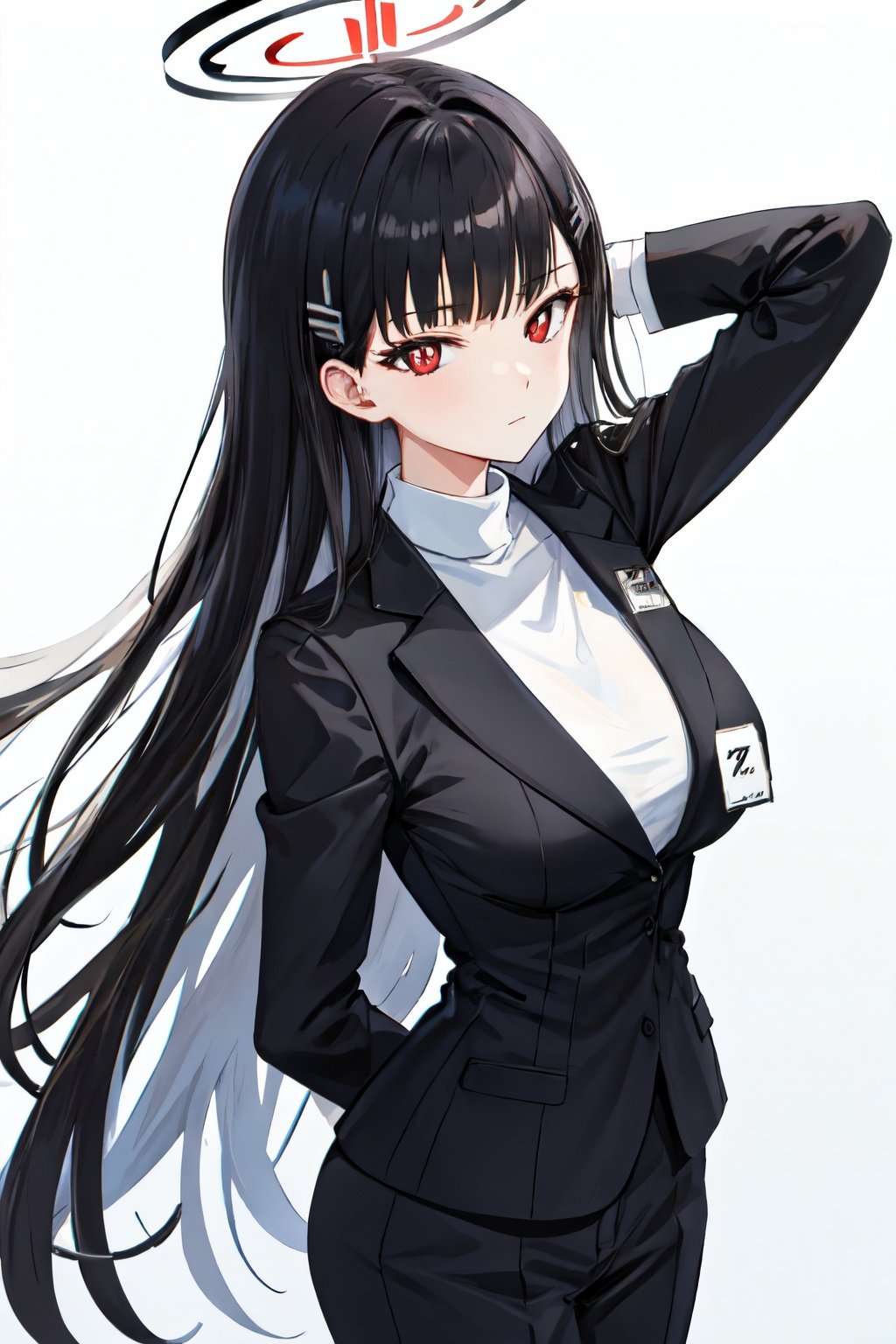 <lora:rio_blue_archive_v2:1> rio blue archive, simple background, jacket, long sleeves, looking at viewer, large breasts, red eyes, suit, long hair, closed mouth, turtleneck sweater, white background, formal, black jacket, 1girl, hair ornament, blunt bangs, id card, black hair, shirt, hairclip, white shirt, turtleneck, solo ,halo , arms behind back