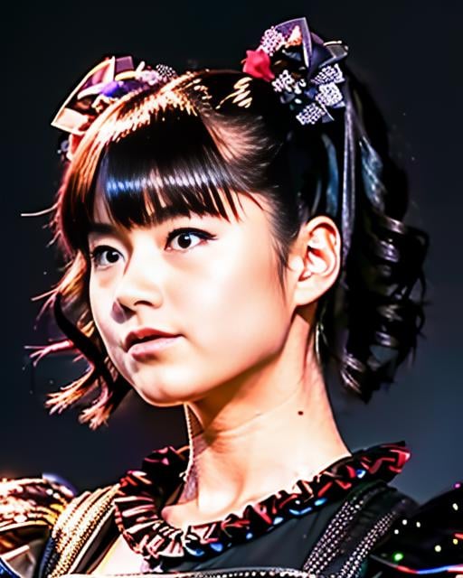 RAW photo, hyper real photo of japanese flat chest girl yuimetal with twintails hair in black dress with iridescent sequined outfit that glimmers in the light reflections, futuristic gothic style, black lether and steel studs, a music album cover, space galaxy in background, metal rock music concert, heavy metal style, pixiv contest winner, precisionism, official art, high resolution, uhd image, best quality masterpiece, photorealistic, detailed, 8k, HDR, shallow depth of field, broad light, high contrast, dark background with ancient temple, old stone statues of fox god, backlighting, bloom, light sparkles, chromatic aberration, sharp focus, RAW color photo, film still, Film-like, bokeh, 3d, cinematic lighting, 8k resolution, Nikon 85mm, Award Winning, Glamour Photograph, extremely detailed, high quality, film grain  <lora:YuiMetal:2>