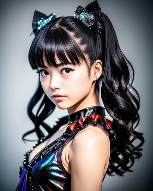 RAW photo, hyper real photo of japanese girl yuimetal with twintails hair in black dress with iridescent sequined outfit that glimmers in the light reflections, futuristic gothic style, black lether and steel studs, a music album cover, space galaxy in background, metal rock music concert, heavy metal style, pixiv contest winner, precisionism, official art, high resolution, uhd image, best quality masterpiece, photorealistic, detailed, 8k, HDR, shallow depth of field, broad light, high contrast, dark background with ancient temple, old stone statues of fox god, backlighting, bloom, light sparkles, chromatic aberration, sharp focus, RAW color photo, film still, Film-like, bokeh, 3d, cinematic lighting, 8k resolution, Nikon 85mm, Award Winning, Glamour Photograph, extremely detailed, high quality, film grain  <lora:YuiMetal:1.2>