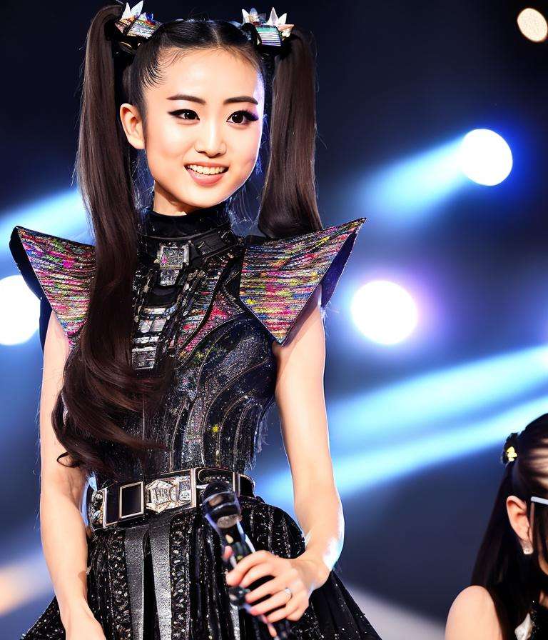 RAW photo, hyper real photo of moametal japanese woman with with twintails hair in black dress with iridescent reflections sequined outfit that glimmers in the light, futuristic gothic style, black lether and steel studs, space galaxy in background, metal rock music concert, heavy metal style, pixiv contest winner, precisionism, official art, high resolution, uhd image, best quality masterpiece, photorealistic, detailed, 8k, HDR, shallow depth of field, broad light, high contrast, dark background with ancient temple, old stone statues of fox god, backlighting, bloom, light sparkles, chromatic aberration, sharp focus, RAW color photo, film still, Film-like, bokeh, 3d, cinematic lighting, 8k resolution, Nikon 85mm, Award Winning, Glamour Photograph, extremely detailed, high quality, film grain  <lora:MoaMetal:1>