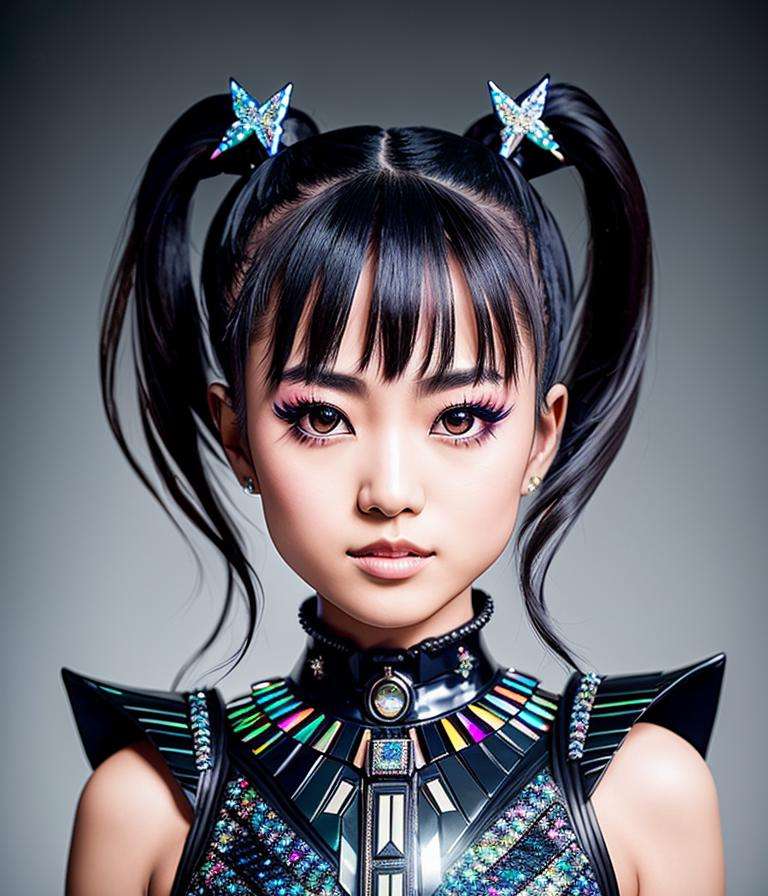 RAW photo, hyper real photo of moametal japanese woman with with twintails hair in black dress with iridescent reflections sequined outfit that glimmers in the light, futuristic gothic style, black lether and steel studs, space galaxy in background, metal rock music concert, heavy metal style, pixiv contest winner, precisionism, official art, high resolution, uhd image, best quality masterpiece, photorealistic, detailed, 8k, HDR, shallow depth of field, broad light, high contrast, dark background with ancient temple, old stone statues of fox god, backlighting, bloom, light sparkles, chromatic aberration, sharp focus, RAW color photo, film still, Film-like, bokeh, 3d, cinematic lighting, 8k resolution, Nikon 85mm, Award Winning, Glamour Photograph, extremely detailed, high quality, film grain  <lora:MoaMetal:1>