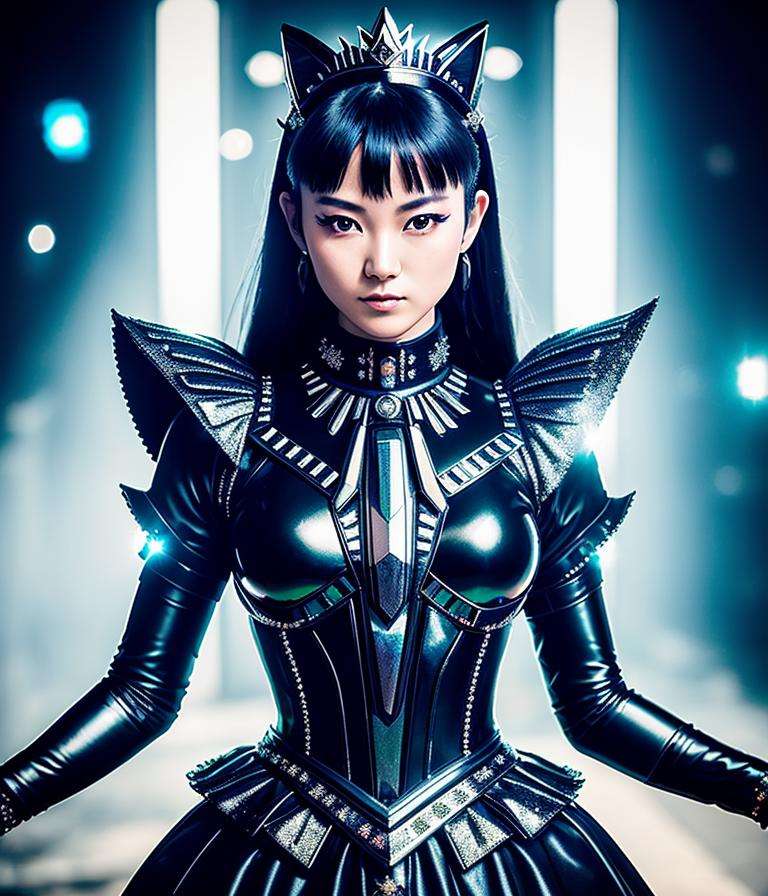 RAW photo, hyper real photo of sumetal japanese woman with a ponytail and crown on her head  in black dress with iridescent reflections sequined outfit that glimmers in the light, futuristic gothic style, black lether and steel studs, space galaxy in background, metal rock music concert, heavy metal style, pixiv contest winner, precisionism, official art, high resolution, uhd image, best quality masterpiece, photorealistic, detailed, 8k, HDR, shallow depth of field, broad light, high contrast, dark background with ancient temple, old stone statues of fox god, backlighting, bloom, light sparkles, chromatic aberration, sharp focus, RAW color photo, film still, Film-like, bokeh, 3d, cinematic lighting, 8k resolution, Nikon 85mm, Award Winning, Glamour Photograph, extremely detailed, high quality, film grain  <lora:SuMetal:1>