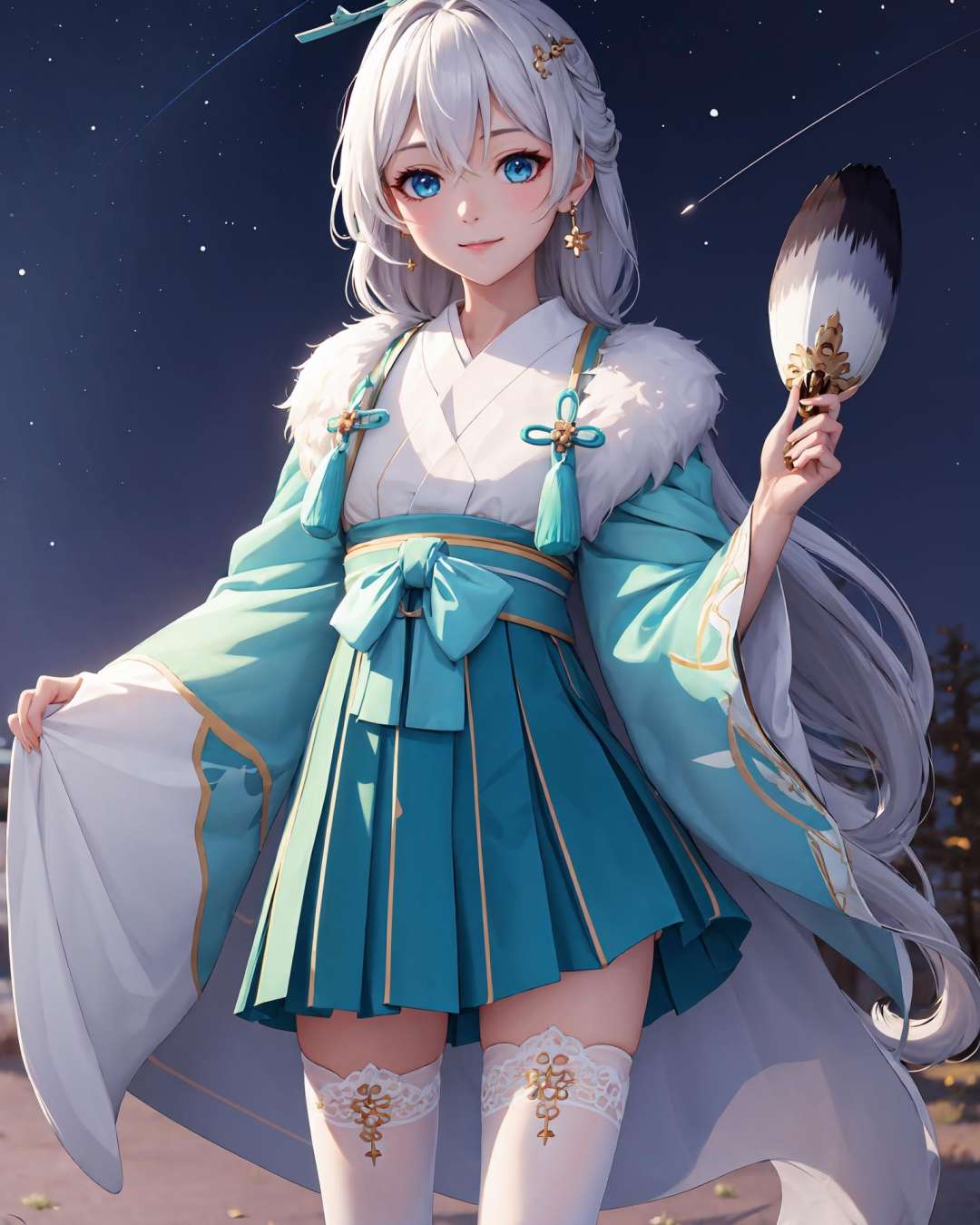 <lora:starlit_astrologos_m1:1>, starlit astrologos, (masterpiece:1.2), (best quality:1.3), ultradetailed, 1girl, standing, light smile, cowboy shot, chinese clothes, skirt, white thighhighs, hand fan, holding fan, night sky