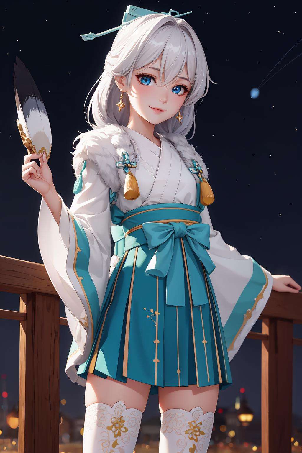 <lora:starlit_astrologos_m1:1>, starlit astrologos, (masterpiece:1.2), (best quality:1.3), ultradetailed, 1girl, standing, light smile, cowboy shot, chinese clothes, skirt, white thighhighs, hand fan, holding fan, night sky