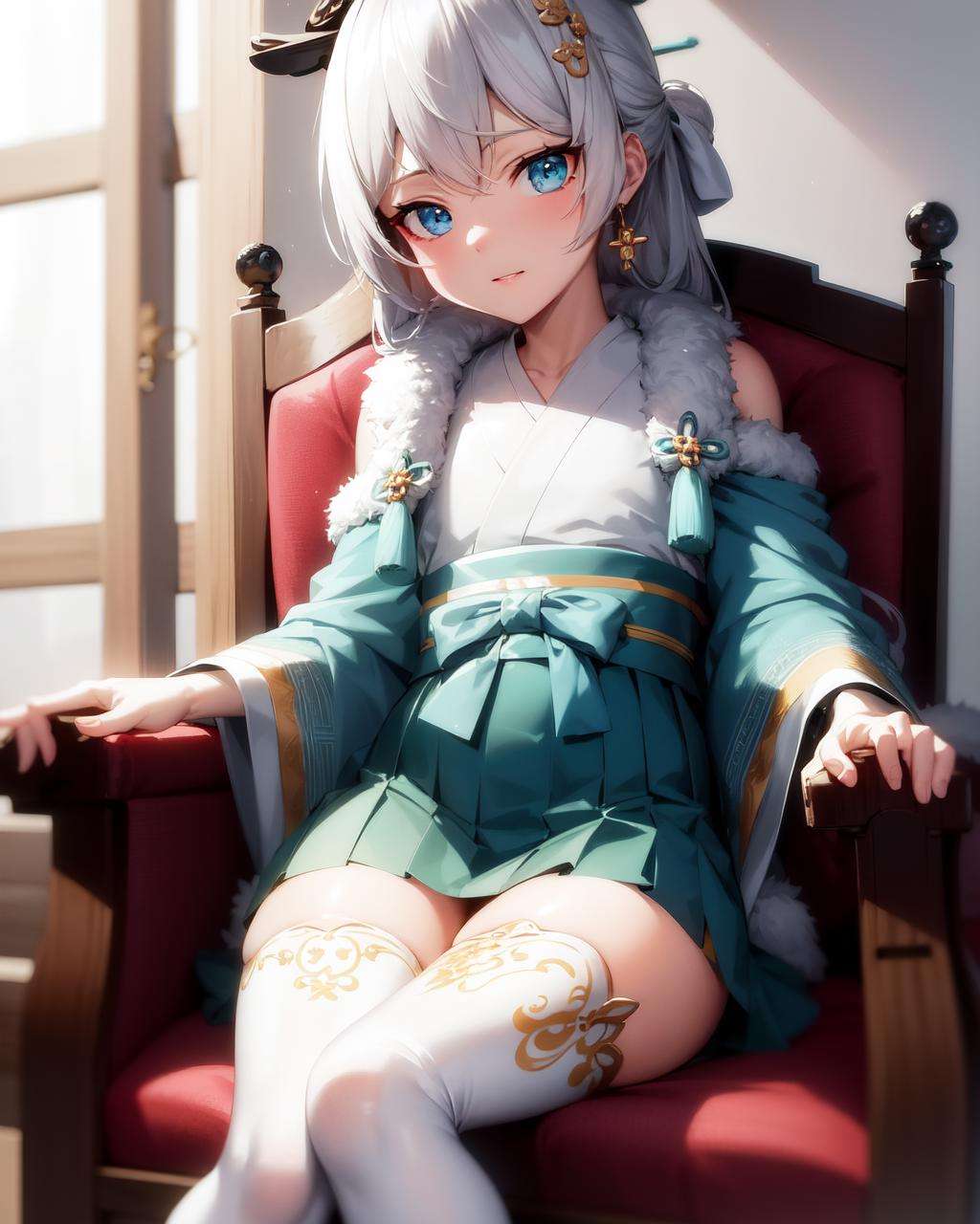 <lora:starlit_astrologos_m1:1>, starlit astrologos, (masterpiece:1.2), (best quality:1.3), ultradetailed, 1girl, sitting, armchair, wooden chair, looking at viewer, chinese clothes, skirt, white thighhighs, jewelry, jade 