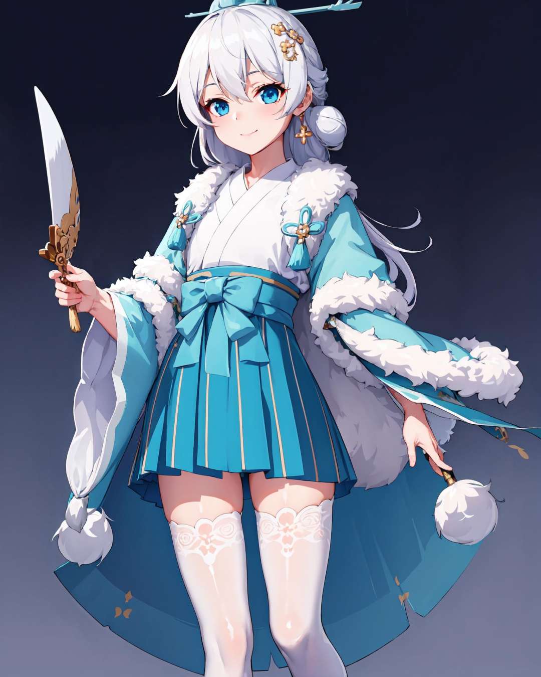 <lora:starlit_astrologos_m1:1>, starlit astrologos, (masterpiece:1.2), (best quality:1.3), ultradetailed, 1girl, standing, light smile, cowboy shot, chinese clothes, skirt, white thighhighs, hand fan, holding fan, night sky