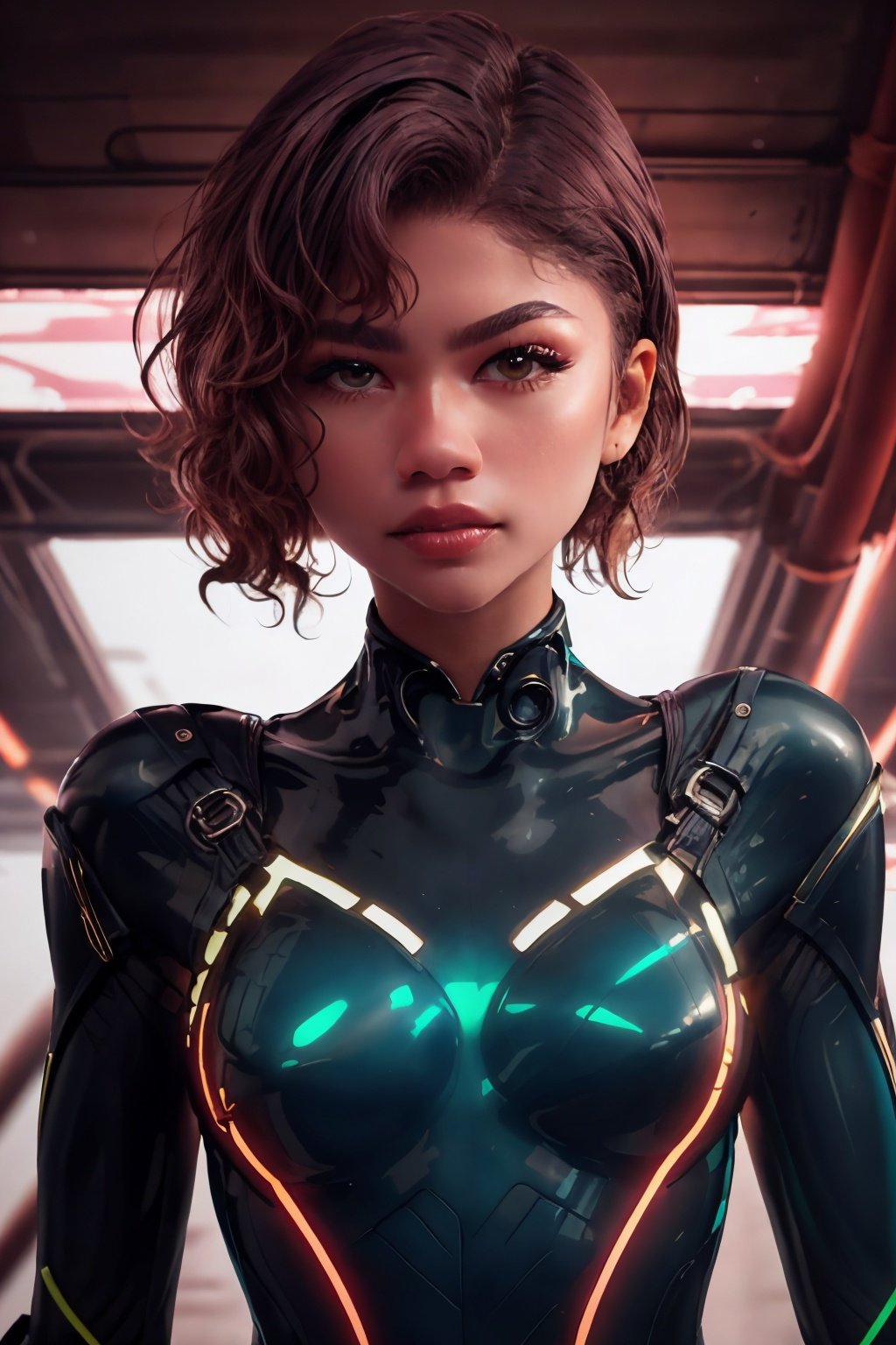 Nikon 85mm photography, Zendaya as a cybernetic character modeling a bright neon and latex electronic jumpsuit, photorealistic, short hair, highly detailed, sharp focus, close up