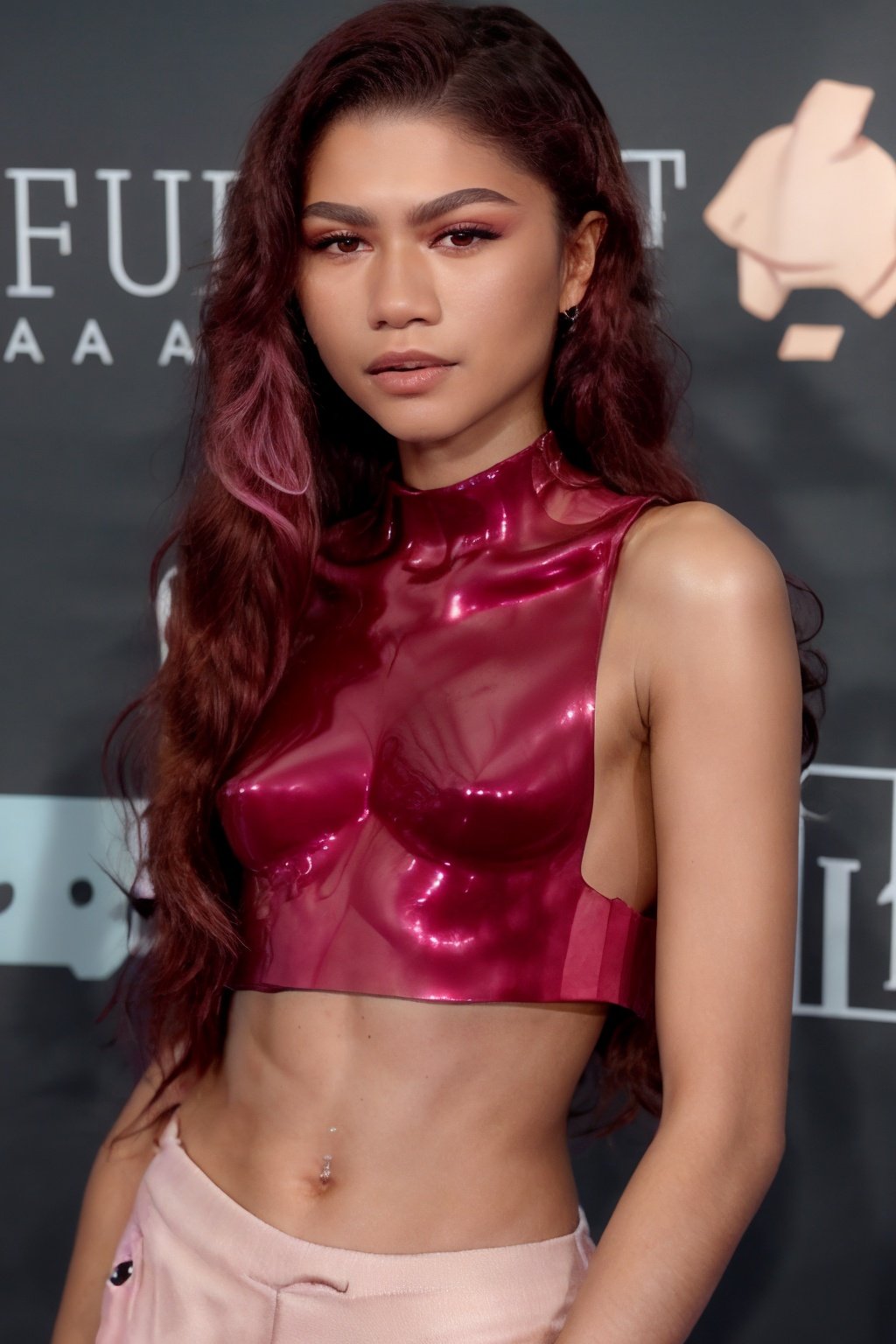 Nikon 85mm photography, Zendaya poses in a glossy pink top at the critics choice awards, photorealistic, straight hair, highly detailed, sharp focus, wide angle 