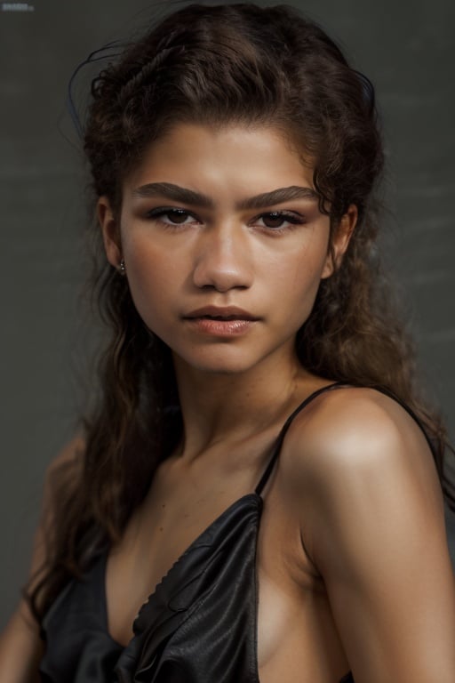 Nikon 85mm photography, a young Zendaya models a stunning black dress for a Teen Vogue magazine cover, photorealistic, straight hair, highly detailed, sharp focus