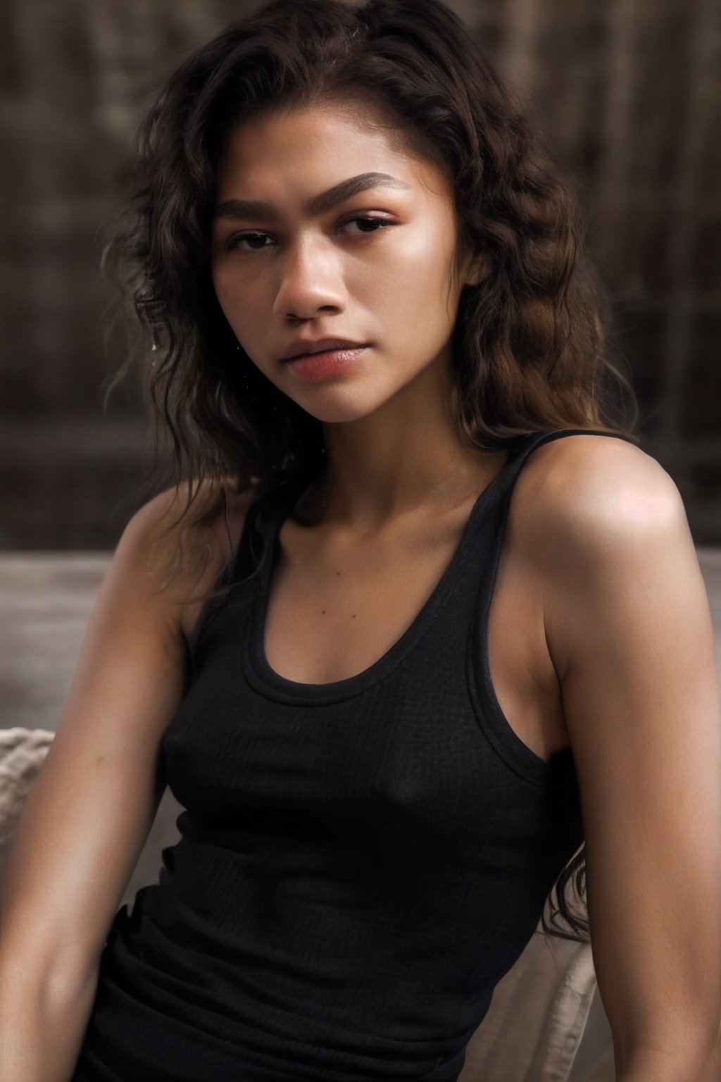 Nikon 85mm photography, Zendaya posing in a black tank top, photorealistic, short hair, highly detailed, sharp focus, wide angle 