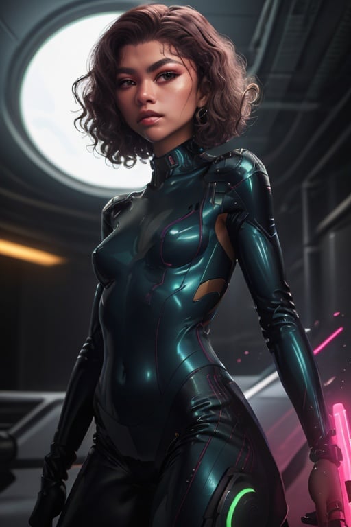 Nikon 85mm photography, Zendaya as a cybernetic character modeling a bright neon and latex electronic jumpsuit, firing a futuristic gun at the viewer, photorealistic, short curly hair, highly detailed, sharp focus