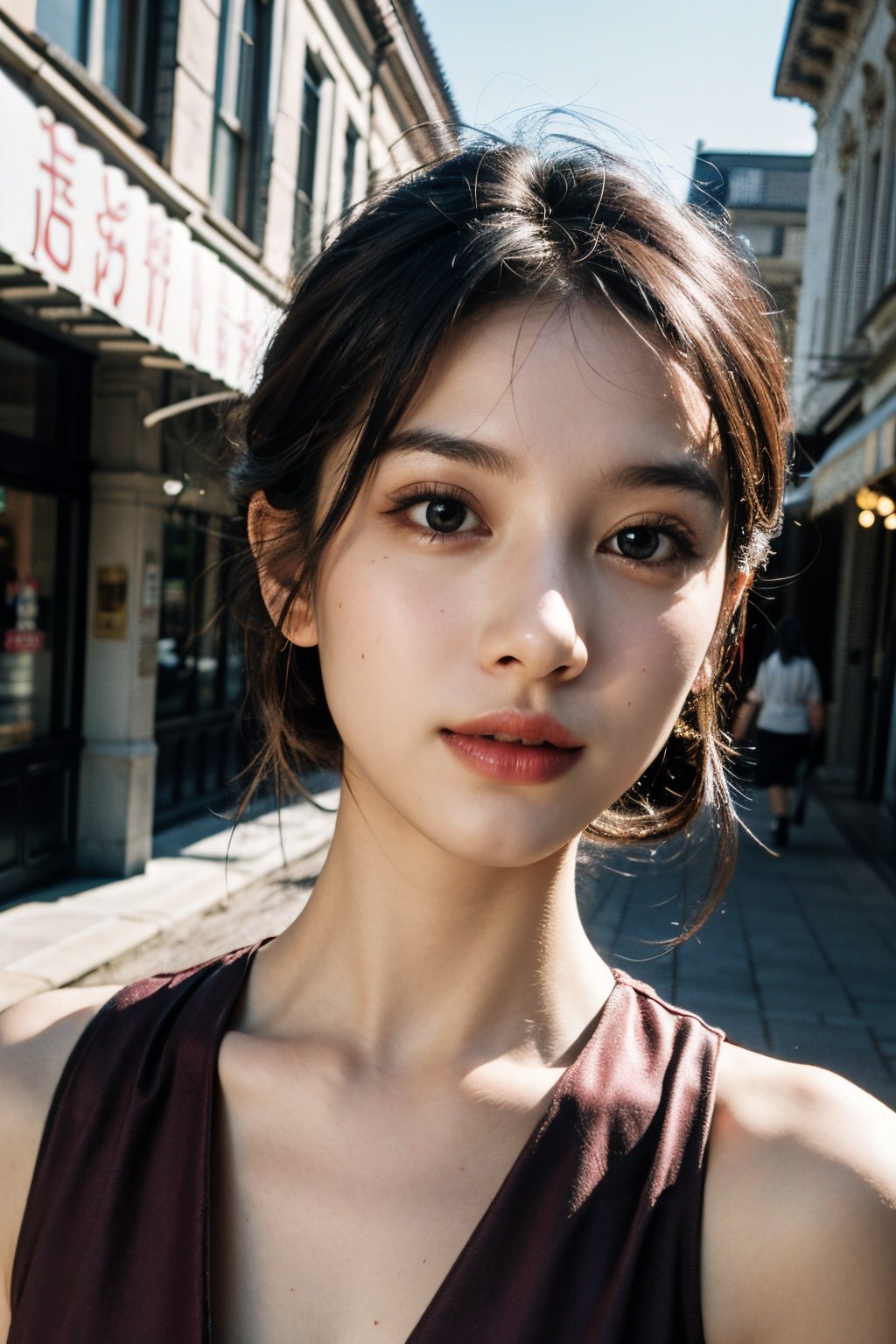 best quality, hyper realism, (ultra high resolution), masterpiece, 8K, RAW Photo,1girl,<lora:不要油光和网红脸的loraV2:0.6> ,outdoor,walking in the street,stores,malls,crowedded street,fashion silk dress,(beautiful face:1.8),