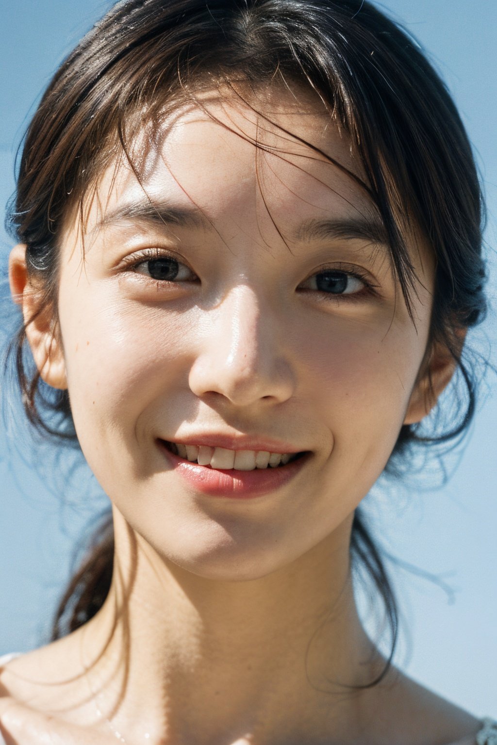 best quality, hyper realism, (ultra high resolution), masterpiece, 8K, RAW Photo,1woman, 40 years old,<lora:不要油光和网红脸的loraV2:0.65> ,(beautiful face:1.8), smile,