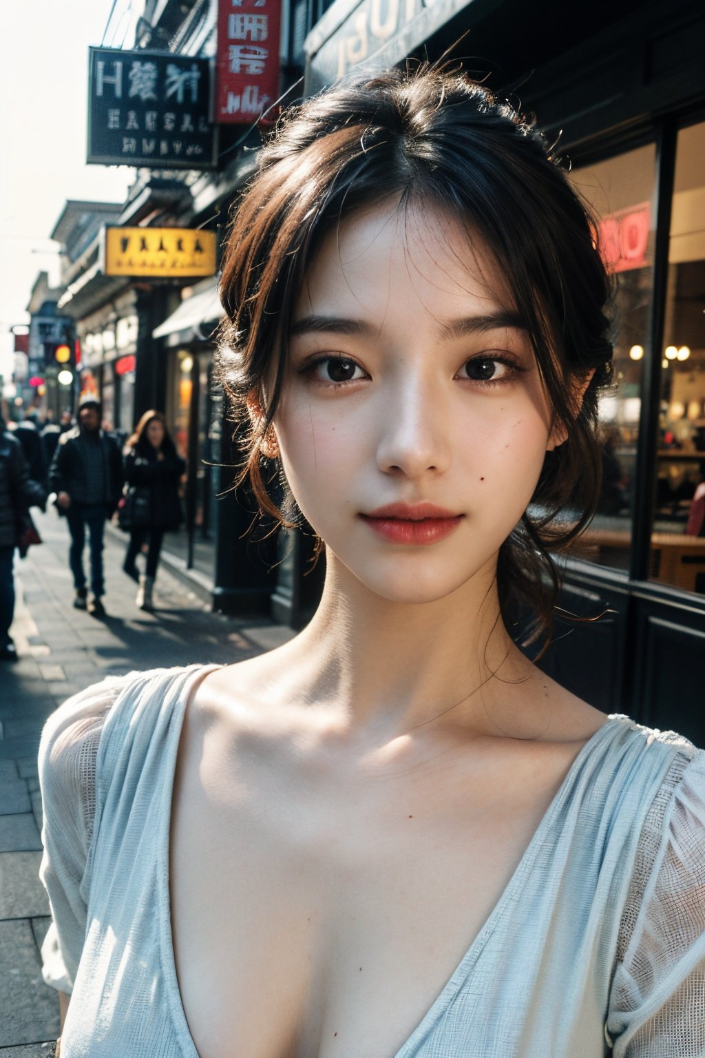 best quality, hyper realism, (ultra high resolution), masterpiece, 8K, RAW Photo,1girl,<lora:不要油光和网红脸的loraV2:0.7> ,outdoor,walking in the street,stores,malls,crowedded street,fashion silk dress,(beautiful face:1.5),