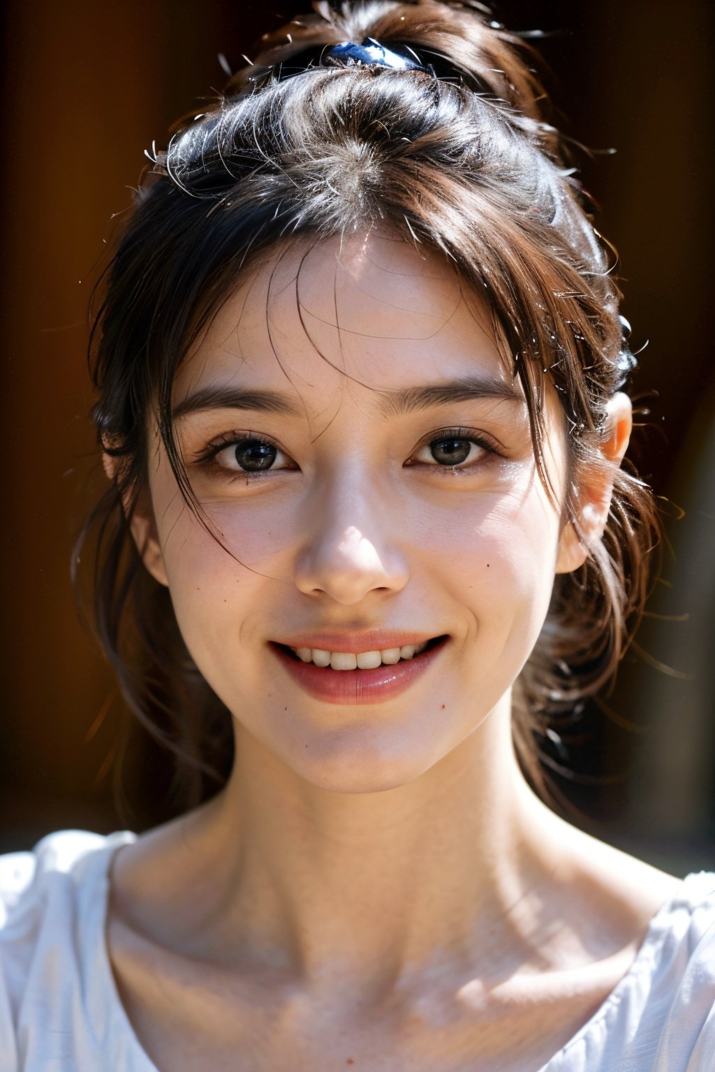 best quality, hyper realism, (ultra high resolution), masterpiece, 8K, RAW Photo,1woman, 40 years old,<lora:不要油光和网红脸的loraV2:0.45> ,(beautiful face:1.8), smile,