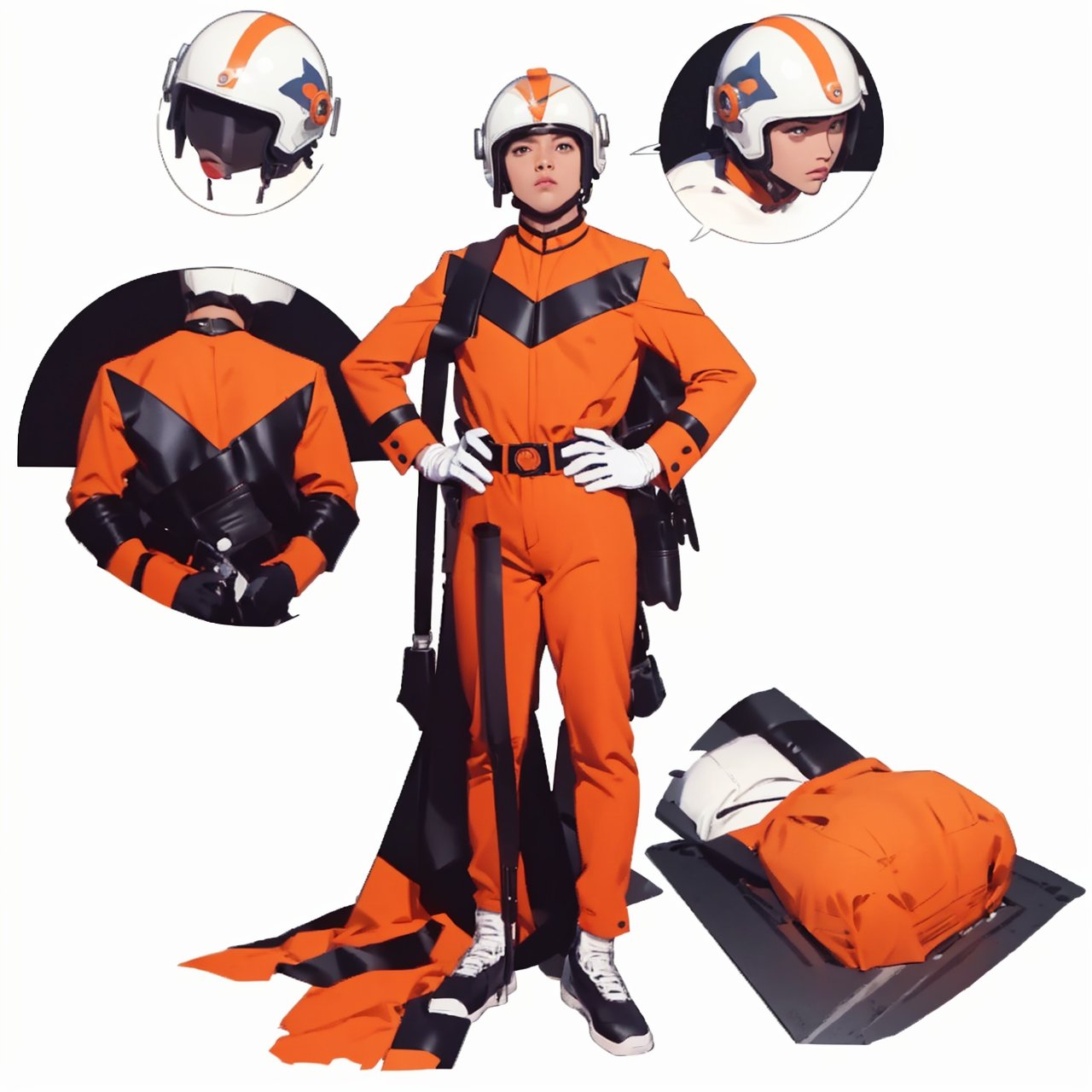 (masterpiece:1.3), (the best quality:1.2), (super fine illustrations:1.2), (Masterpiece), high quality, high detail, ((white background:1.2)), looking at viewer, (SOLO:1.4), outline, , simple background, mat_style, orange_bodysuit, military_uniform, helmet, belt, mat_style, white_gloves, uniform, ,mat_style