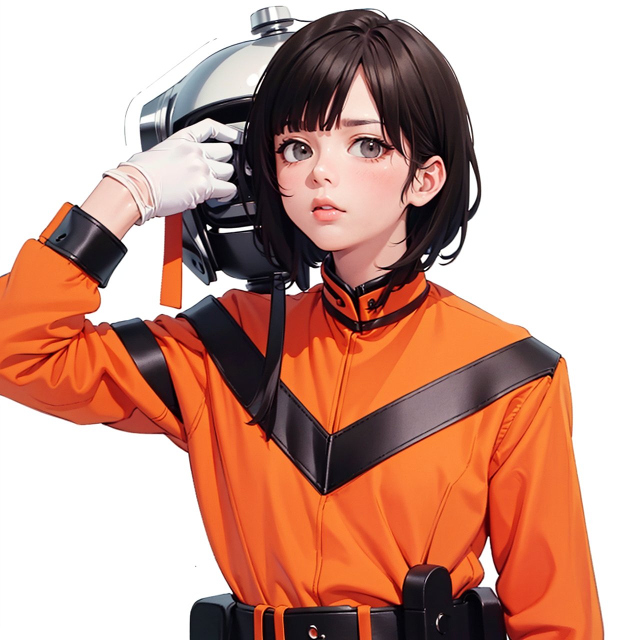 (masterpiece:1.3), (the best quality:1.2), (super fine illustrations:1.2), (Masterpiece), high quality, high detail, ((white background:1.2)), looking at viewer, (SOLO:1.4), outline, , simple background, mat_style, orange_bodysuit, military_uniform, helmet, belt, mat_style, white_gloves, uniform, ,mat_style