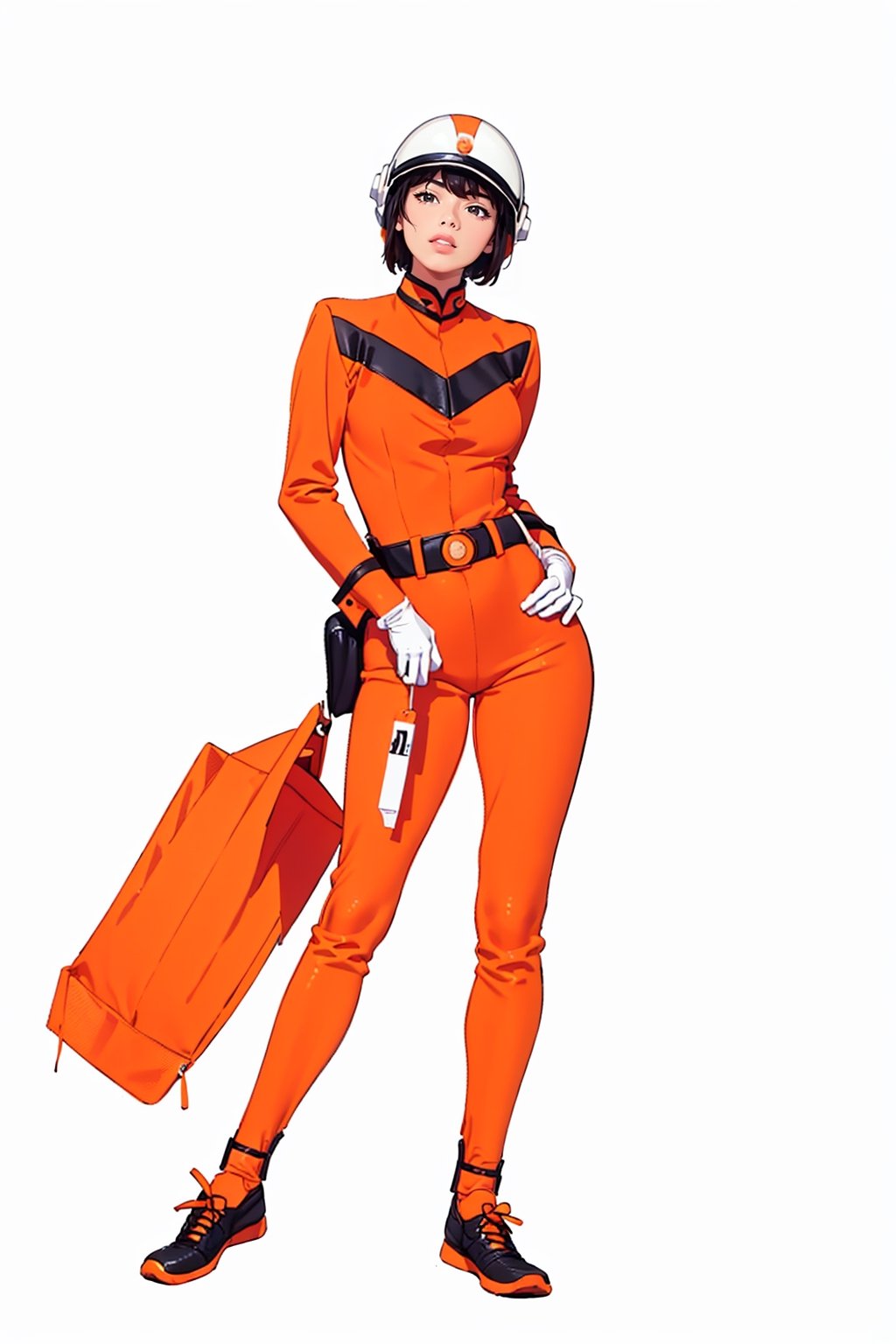 (masterpiece:1.3),  (the best quality:1.2),  (super fine illustrations:1.2),  (Masterpiece),  high quality,  high detail, ((white background:1.2)),  looking at viewer,  (SOLO:1.4), outline, , simple background,  mat_style, orange_bodysuit, military_uniform, helmet, belt, mat_style, white_gloves, uniform, 
,mat_style