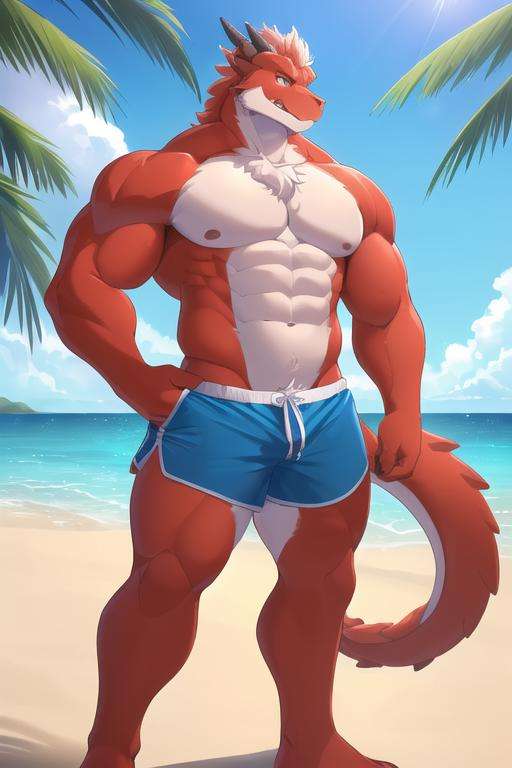 (best quality, highest quality, Detailed, highres, 8k, anthropomorphic, furry, uploaded_on_e621:1.4), 1boy, dragon, adult, muscular, tall, thick thighs, swim shorts, outside, beach,