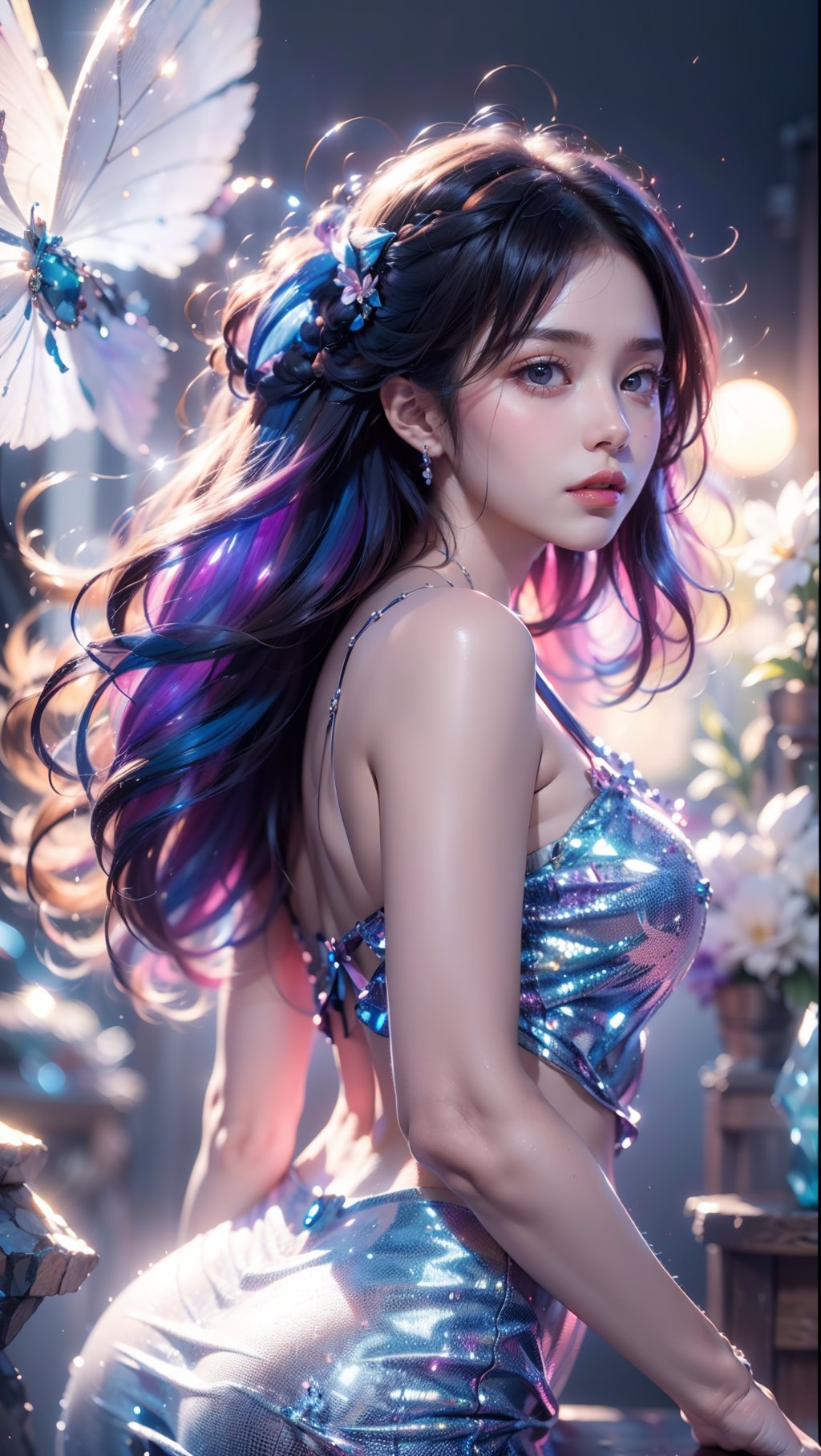 1 girl, Purple hair, (brown eyes), (extremely exquisite and beautiful), ((Purple and blue clothes)),meteor, meteor shower, (super large moon), (blue moon), comet, flower sea, many flowers, flower sea facing the audience, front, butterflies, hair, butterfly, f, dreamy light, (8k, RAW photo, best quality, masterpiece: 1.2), (realistic, photo fidelity: 1.3), ultra fine, ultra fine cg 8k wallpaper, (crystal textured skin: 1.2), 1girl, Crystal Girl, Colored hair