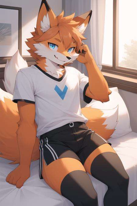 (best quality, highest quality, highres, 8k, anthropomorphic, furry, high detail, uploaded_on_e621:1.4), 1boy, fox, otoko no ko, orange fur, blue eyes, thick thighs, tall, inside, bedroom, blue eyes, white t shirt, black shorts, black thigh highs, sitting on bed, looking at viewer, smiling,