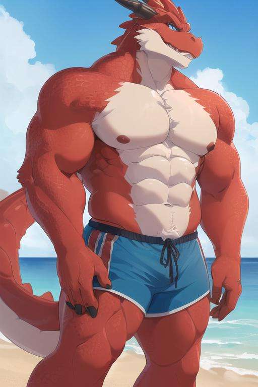 (best quality, highest quality, Detailed, highres, 8k, anthropomorphic, furry, uploaded_on_e621:1.4), 1boy, dragon, adult, muscular, tall, thick thighs, swim shorts, outside, beach, red scales, blue eyes,