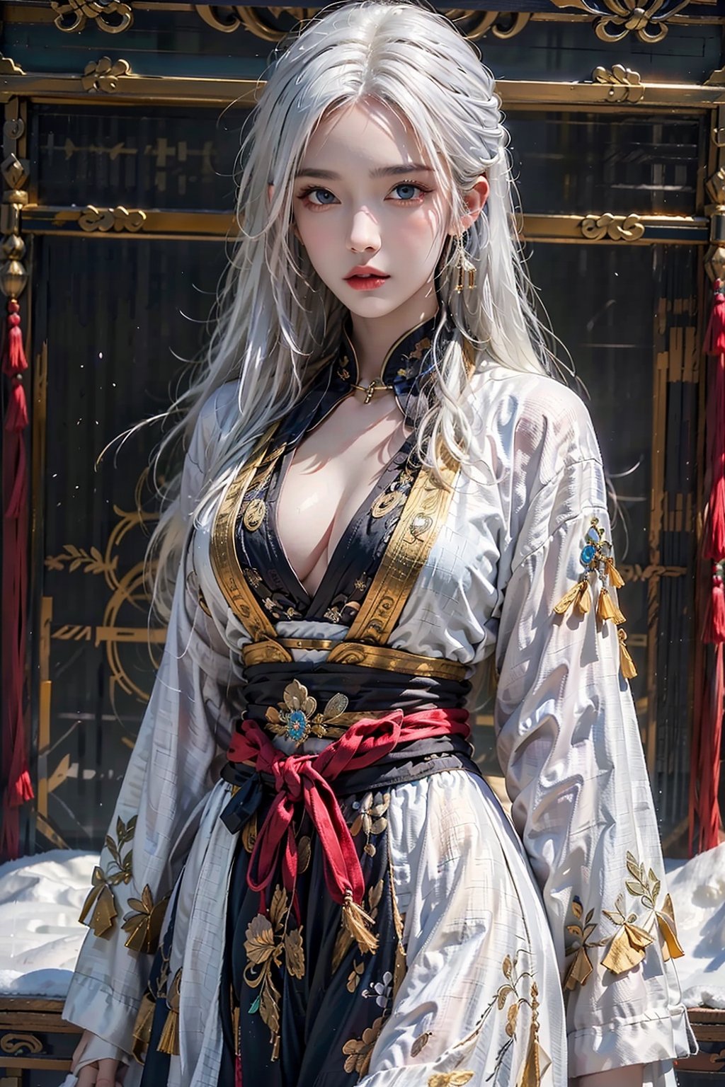 high resolution, 1women, solo, shining skin, jewelry, hips up, white hair, blue eyes, winter hanfu, kungfu style, taoist, snow