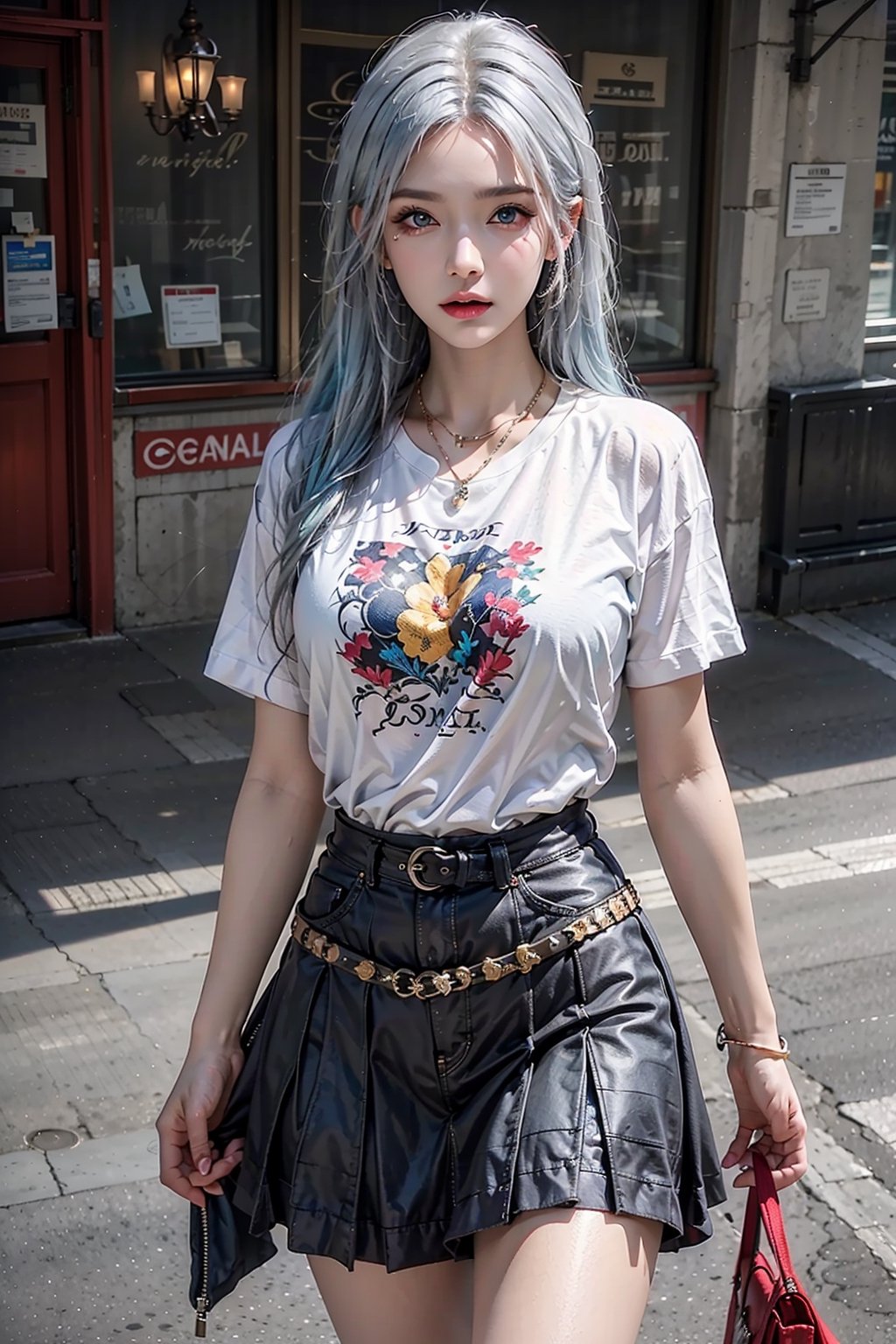 photorealistic, high resolution, 1women, solo, shining skin, jewelry, tattoo, hips up, blue hair, blue eyes, closed mouth, street wear, t-shirt, skirt