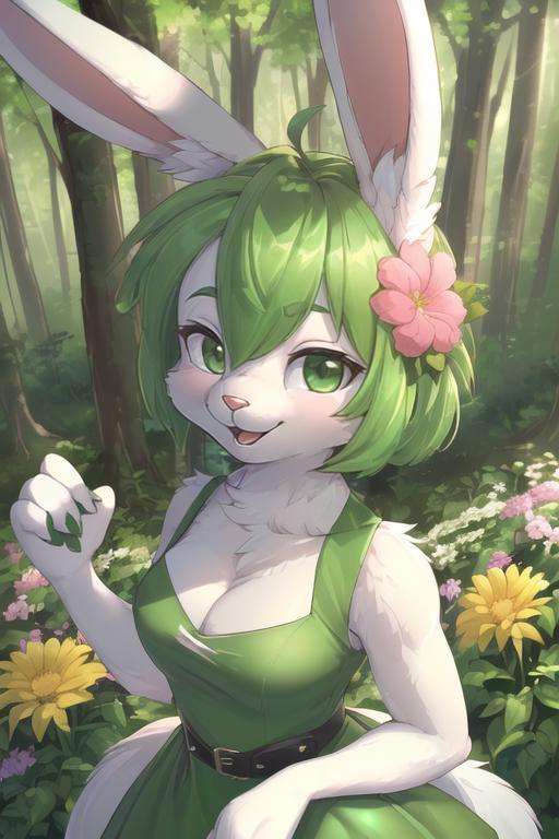 (best quality, highest quality, inticate, highres, 8k, anthropomorphic, furry, uploaded_on_e621:1.4), cute rabbit furry girl,furry female,rabbit ears,green hair, green dress,sleeveless, white skin,in forest,looking at viewer,smile,closed mouth,flowers,slightly above,