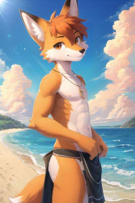 (best quality, highest quality, inticate, highres, 8k, anthropomorphic, furry, uploaded_on_e621:1.4), masterpiece, high quality, absurd res, digital painting \(artwork\), by kuroisumi, yupa,kiyosan. soft lighting, solo, (anthro male fox), (orange body), sunshine, beach, loincloth, sea, cloud, dark, bright, sand, from side, necklace. impasto, panorama,portrait,135mm,looking at viewer,character focus. (detailed background,amazing background),outdoors,scenery,light particles