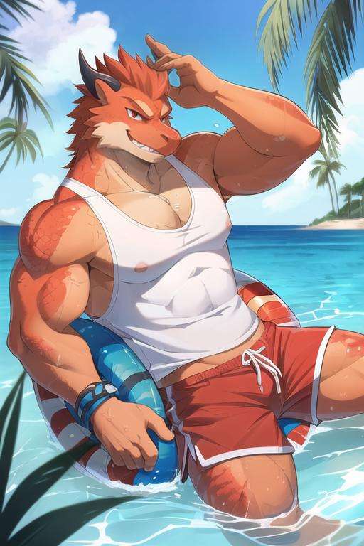 (best quality, highest quality, inticate, highres, 8k, anthropomorphic, furry, uploaded_on_e621:1.4), hi res,(dragon, scalie, wingless dragon), anthro,4 fingers,red eyes,horn, blurred background, bottomwear, clothing, life ring, lifeguard, male, muscular, muscular anthro, muscular male,nipples, tail, outside, palm tree, plant, red body,red scales,scales, sea, shorts, solo, summer, (swim ring:1.4), tree, (water), detailed background,by milkytiger1145,by takemoto arashi,by null-ghost, lying on water, open smile, (tank top)