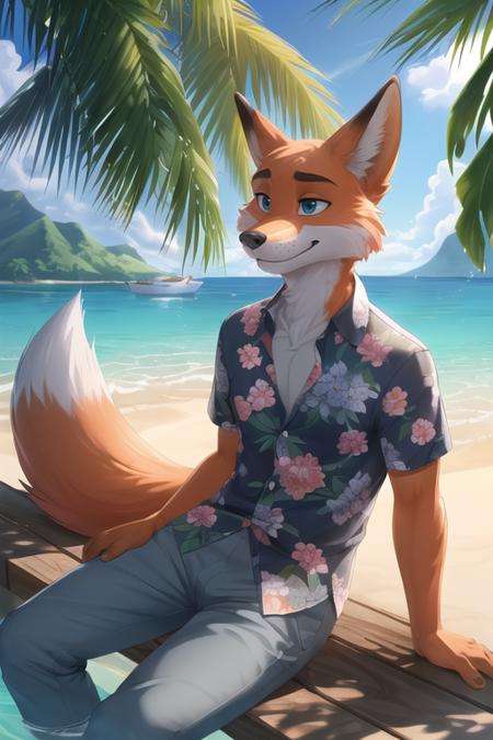 (best quality, highest quality, inticate, highres, 8k, anthropomorphic, furry, uploaded_on_e621:1.4), uploaded on e621, ((by Homogenousrule, by Wildering, by Foxovh, by Catcouch)),solo ((nick wilde)) with ((neck tuft)) and (fluffy tail) and ((clear navy blue eyes)),((half-length portrait)), ((wear blue hawaii floral shirt with grey pants)),BREAK((sitting at island with plant and water on sunny day, white boat)),(detailed background, depth of field, half body shadow, sunlight, ambient light on the body),(intricate:0.7), (high detail:1.2), (unreal engine:1.3), (sharp focus:1.15),[explicit content, questionable content], (masterpiece, best quality, 4k, 2k, shaded, absurd res)