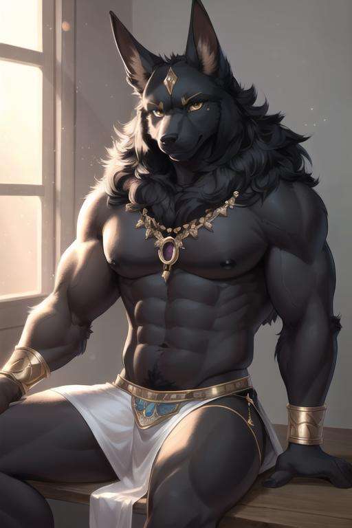 (best quality, highest quality, inticate, highres, 8k, anthropomorphic, furry, uploaded_on_e621:1.4), ((anime)), by Garmash,Ruan Jia, darkgem, anthro, male, ((( detailed fluffy fur))), ((sitting)), detailed realistic painting, (((biceped))), (((shaded))) extreme detail, ((anubis)), loincloth, black body, light particles