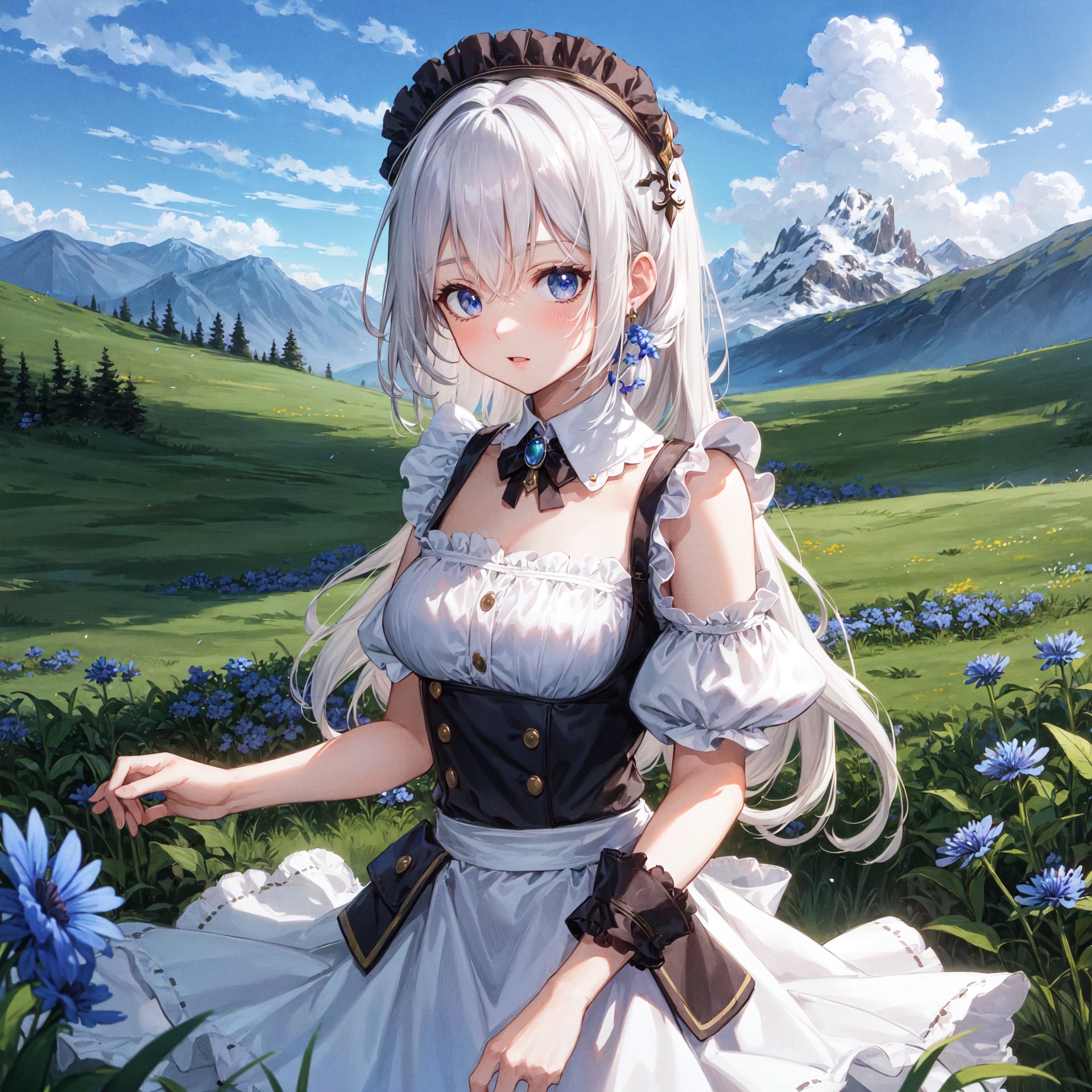 {{masterpiece}}, {{best quality}}, {ultra-detailed}, {{extremely detailed}}, 4K, {8K},upper body,

cornflower, cornflower, mountain, green meadow, morning, 
White hair, long hair, Short skirt, maid, detached collar, bare shoulders, 