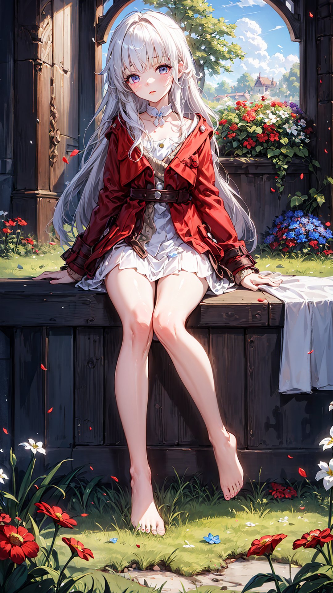 masterpiece, official art, 1 girl, cute, full body image, long legs, barefoot, no shoes, long flowing white hair, looking at the audience, charming eyes, red lips, delicate gorgeous, red jacket, delicate clothes, covering, three-dimensional facial features, delicate facial features, correct proportions, (delicate depiction of facial features), delicate hair depiction, delicate face depiction, (delicate eye depiction), delicate finger carving, clear face, perfect body curves, super clear resolution, highly detailed, blue eyes, Lovely loli, meadow,flowers all over the ground,Stand among the flowers,Colorful portraits,shuixia,clpstyle,cuteloli,jellyfishforest,Rich movements, rich expressions,Stumps, sitting on stumps, wood