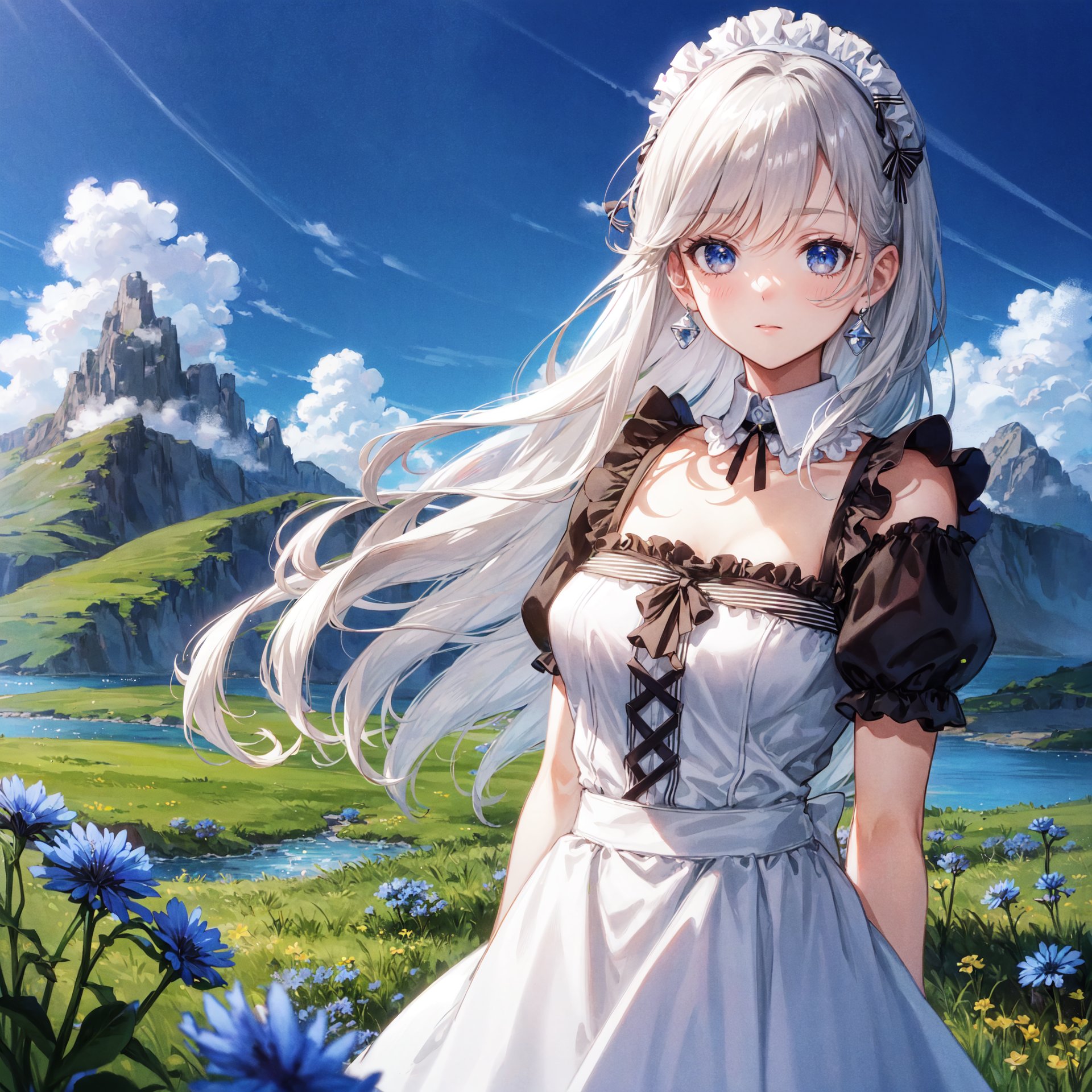 {{masterpiece}}, {{best quality}}, {ultra-detailed}, {{extremely detailed}}, 4K, {8K},upper body,

cornflower, cornflower, mountain, green meadow, morning, 
White hair, long hair, Short skirt, maid, detached collar, bare shoulders, 