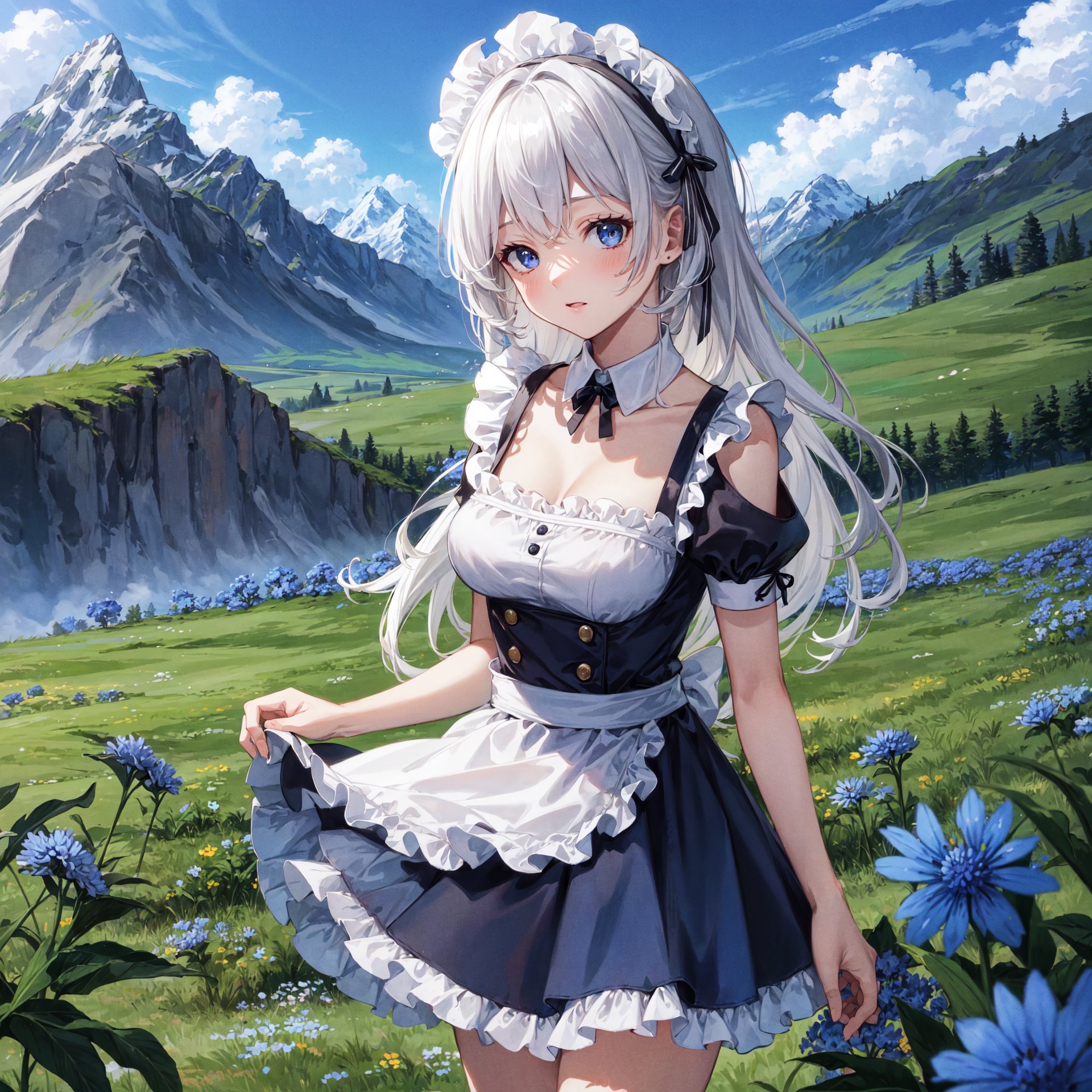 {{masterpiece}}, {{best quality}}, {ultra-detailed}, {{extremely detailed}}, 4K, {8K},upper body,

cornflower, cornflower, mountain, green meadow, morning, 
White hair, long hair, Short skirt, maid, detached collar, bare shoulders, 