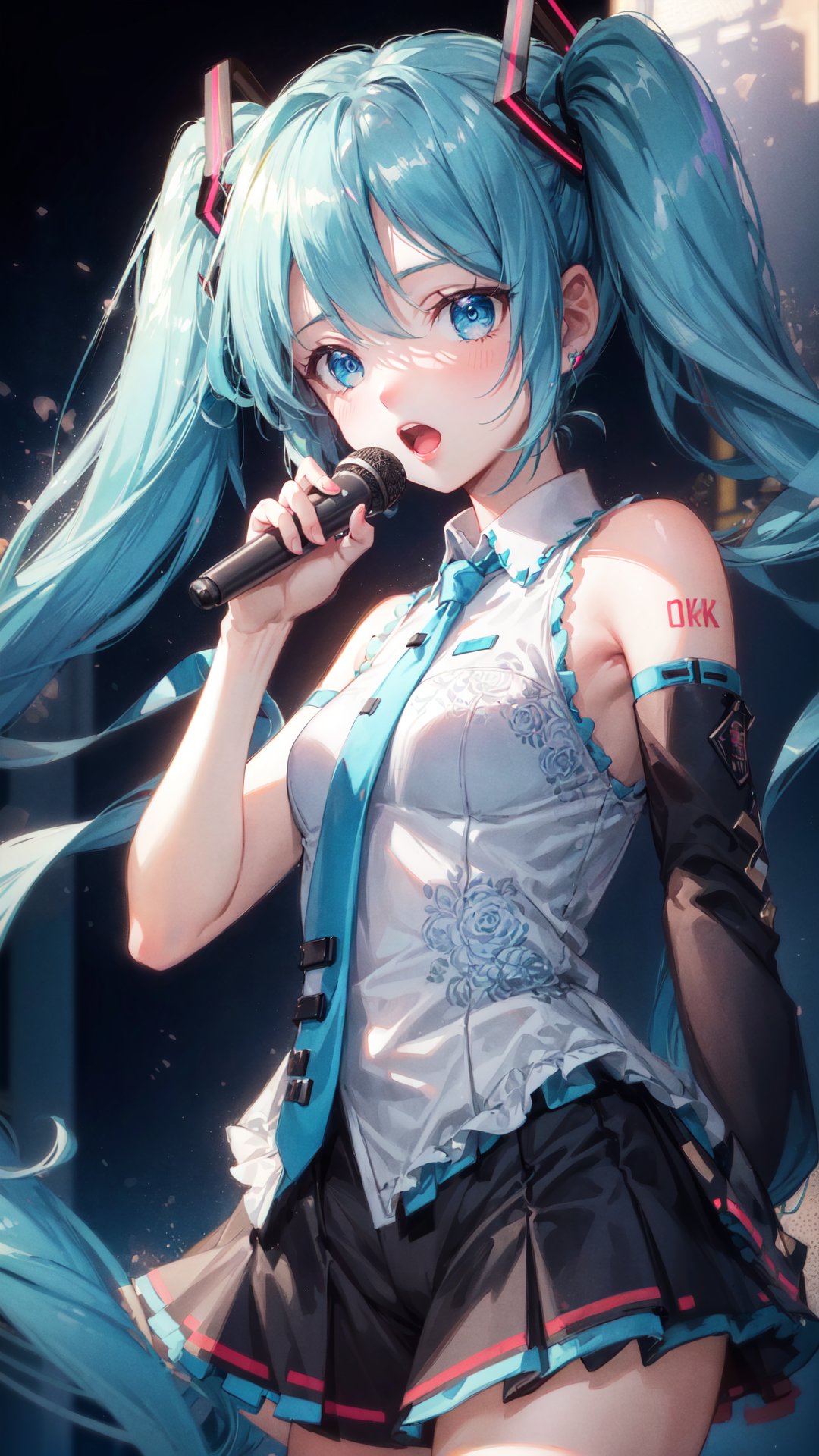 inely detail,Depth of field,(((masterpiece))),((extremely detailed CG unity 8k wallpaper)),best quality,high resolution illustration,Amazing,highres,intricate detail,(best illumination, best shadow, an extremely delicate and beautiful),(((MIKU))),vocal recital/performance,stage,neon lamp,Singing suit,