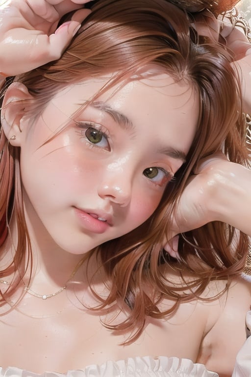 Ajmrxyz, woman, closeup, red hair, ((26 yo)), ((rounder cheeks)), chubby cheeks, long curly green hair, cute,  pink lips, wearing a white off shoulder, ((hands above head)), Raw, 8K, extraordinary background, fantastic background, hires