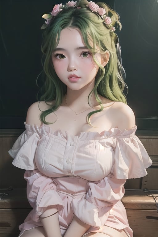 Ajmrxyz, woman, a girl,  green hair, ((16 yo)), ((rounder cheeks)), chubby cheeks, long curly green hair, cute,  pink lips, wearing a white off shoulder, hands above head, Raw, 8K, extraordinary background, fantastic background, hires, from the top, Ajmrxyz