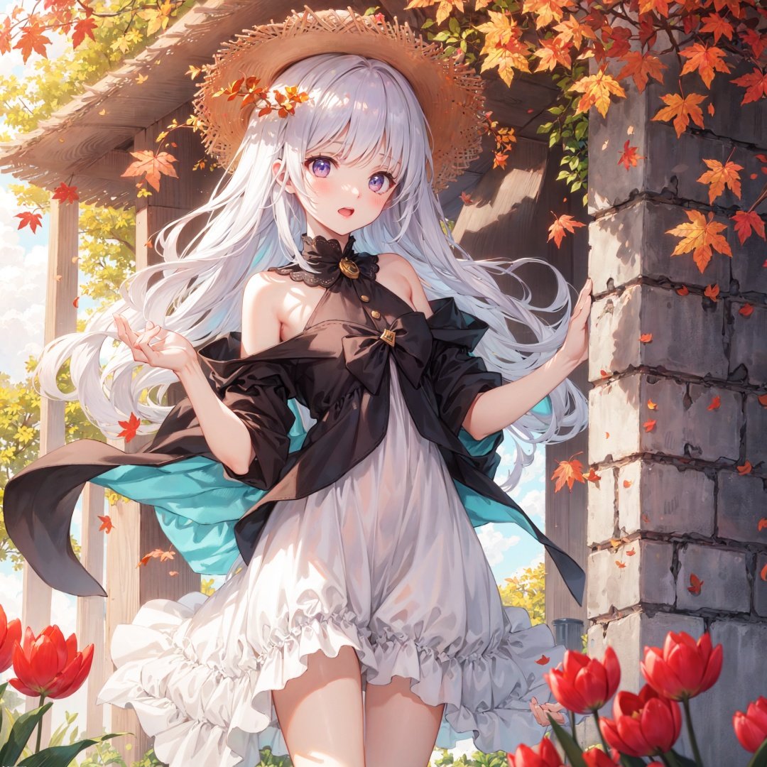 finely detail, Depth of field, (((masterpiece))), ((extremely detailed CG unity 8k wallpaper)), best quality, high resolution illustration, Amazing, highres, intricate detail, (best illumination, best shadow, an extremely delicate and beautiful),

1girl, hat, solo, white hair, long_hair, barefoot, bare_legs, bare_shoulders, sleeveless, hat_flower, straw_hat, white sundress, straw hat, looking_at_viewer, Lilac eyes, Lovely face, open one's mouth, middle finger, show the middle finger,
(((Tyndall effect))), dappled sunlight, cloud, flower, autumn_leaves, outdoors, autumn, blue_sky, leaf, sunset, cloudy_sky, burning, owl, maple_leaf, tulips