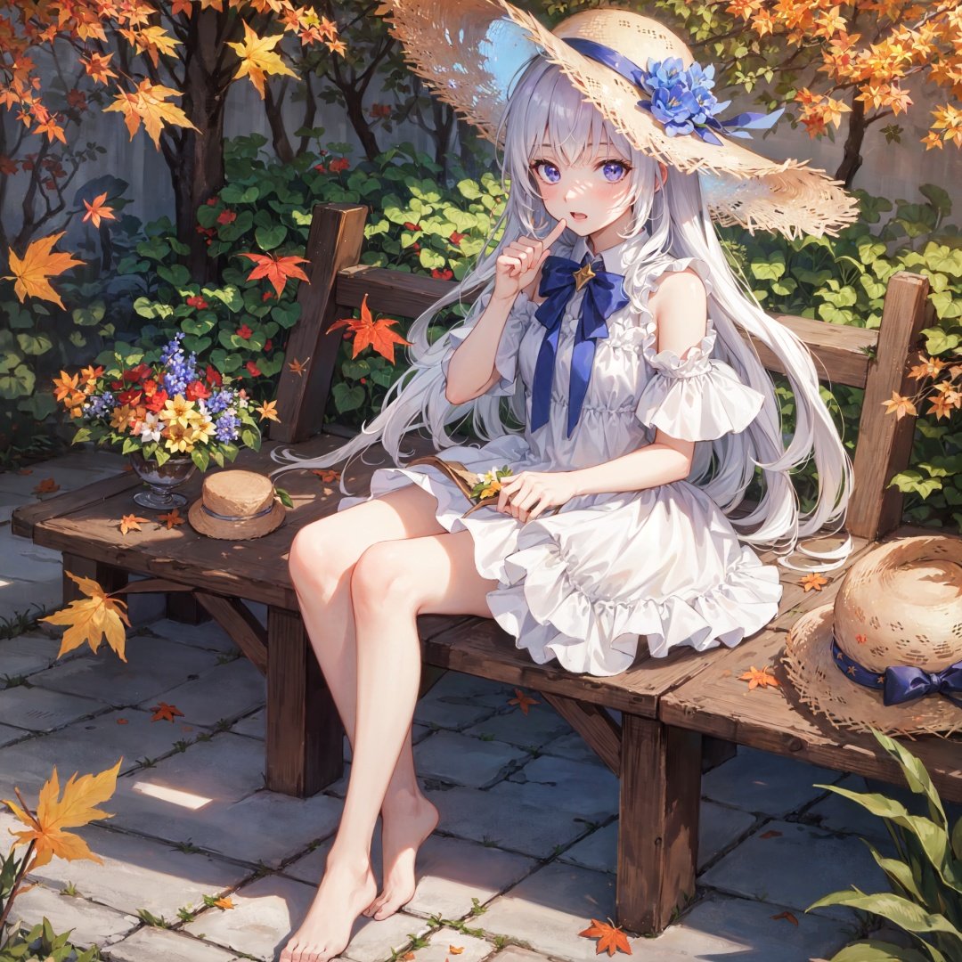 finely detail, Depth of field, (((masterpiece))), ((extremely detailed CG unity 8k wallpaper)), best quality, high resolution illustration, Amazing, highres, intricate detail, (best illumination, best shadow, an extremely delicate and beautiful),

1girl, hat, solo, white hair, long_hair, barefoot, bare_legs, bare_shoulders, sleeveless, hat_flower, straw_hat, white sundress, straw hat, looking_at_viewer, Lilac eyes, Lovely face, open one's mouth, middle finger, show the middle finger,
(((Tyndall effect))), dappled sunlight, cloud, flower, autumn_leaves, outdoors, autumn, blue_sky, leaf, sunset, cloudy_sky, burning, owl, maple_leaf, tulips