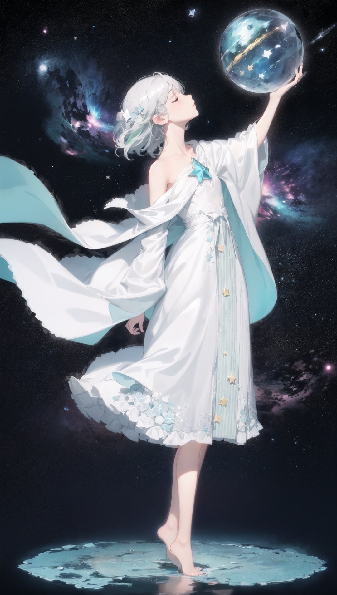 (((green, silver, glimmer)), limited palette, contrast, phenomenal aesthetic, best quality, sumptuous artwork,(masterpiece), (best quality), (ultra-detailed),(((illustration))), ((an extremely delicate and beautiful)),(detailed light),1girl,cold theme, broken glass, broken wall,((an array of stars)),((starry sky)),the Milky Way,star,Reflecting the starry water surface,(1girl:1.3)aqua theme,white hair,blinking,white dress,closed mouth,constel lation,flat color,noline art,full Glass sphere,girl inside glass sphere,white hair,braid,blinking,white robe,bust \(sculpture\),barefoot,float,closed mouth,constel lation,flat color,holding,holding wand,looking up,standing,male focus,medium hair,standing,solo,space,universe,utaite(singer),Nebula,many stars,