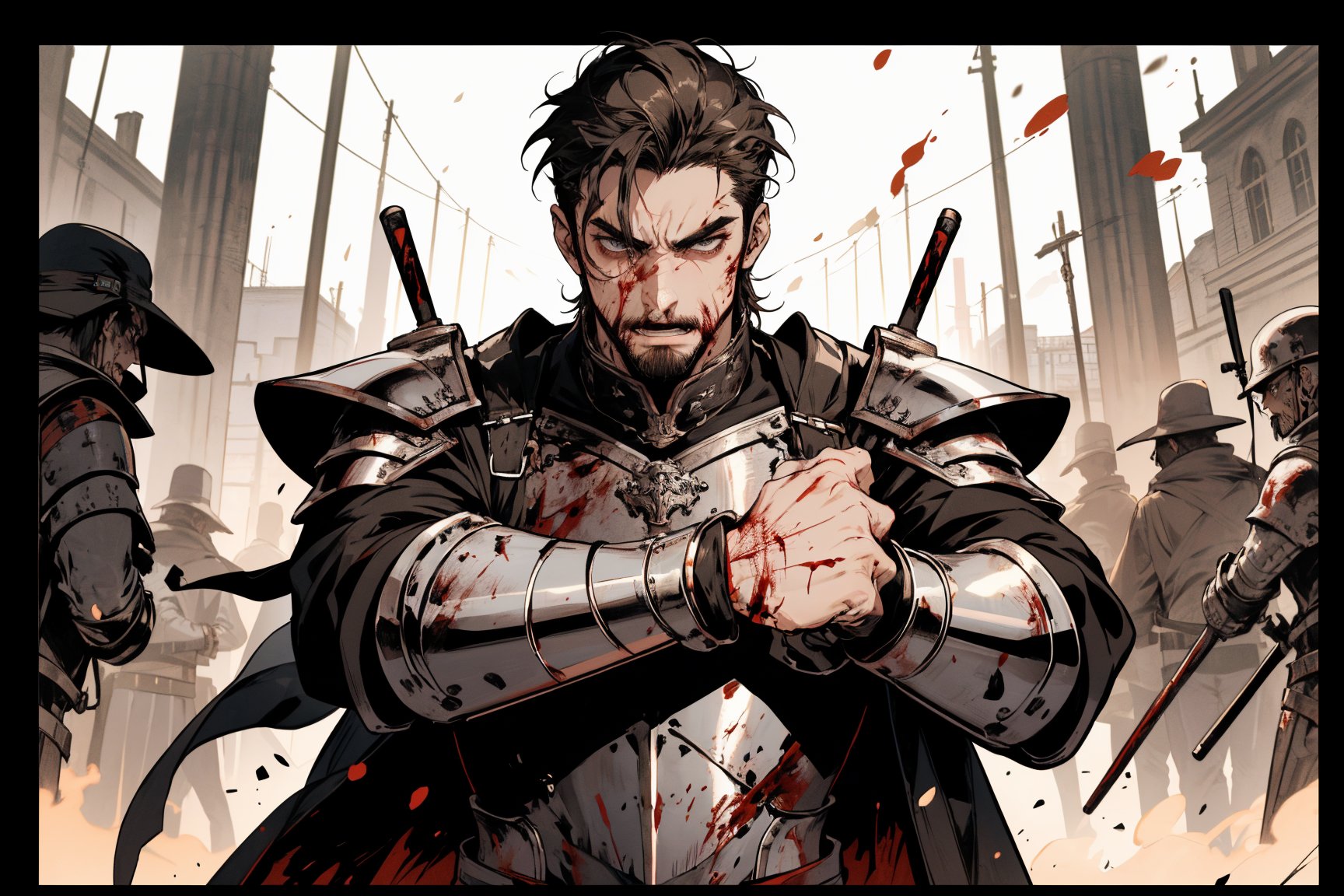 (masterpiece, best quality, highres:1.3), ultra resolution image, (1guy), male, (solo), sketch, A savage warrior lets out a battle cry amidst a backdrop of the battlefield. Blood adorns him, and he bears wounds. He wears barbaric armor and is a skilled martial artist. r1ge, His hand is reaching out the frame, badlands, No one else can stand except for that man. Everyone else is dead.