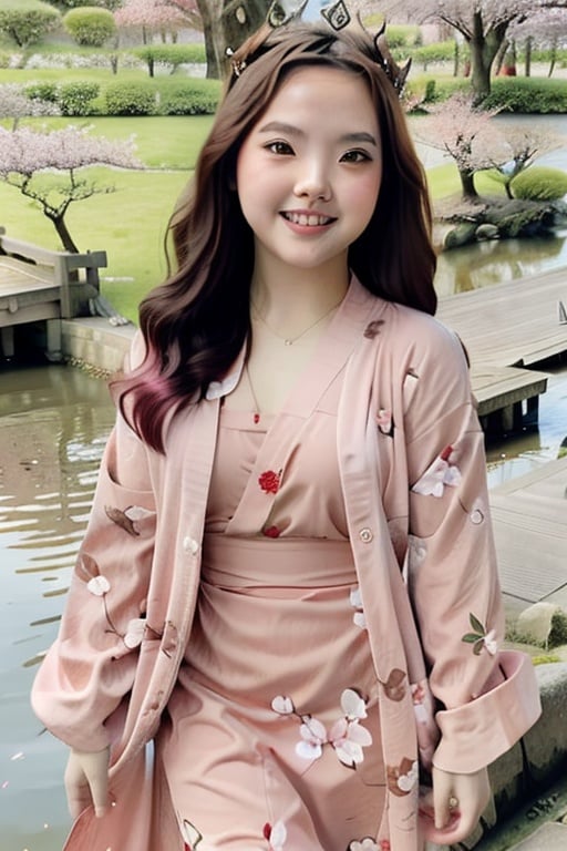 1girl, 18yo, High resolution, Best resolution, 8K, Cherry Blossom Crown, Cascading Curls, Pink Hair, Kimono Dress, Spring Blossoms, Almond Eyes, Tranquil Pond, Reflective Smile, Koi Fish, Japanese Garden, Floral Serenity, Graceful Stance, Sakura Dreams, ajmrxyz